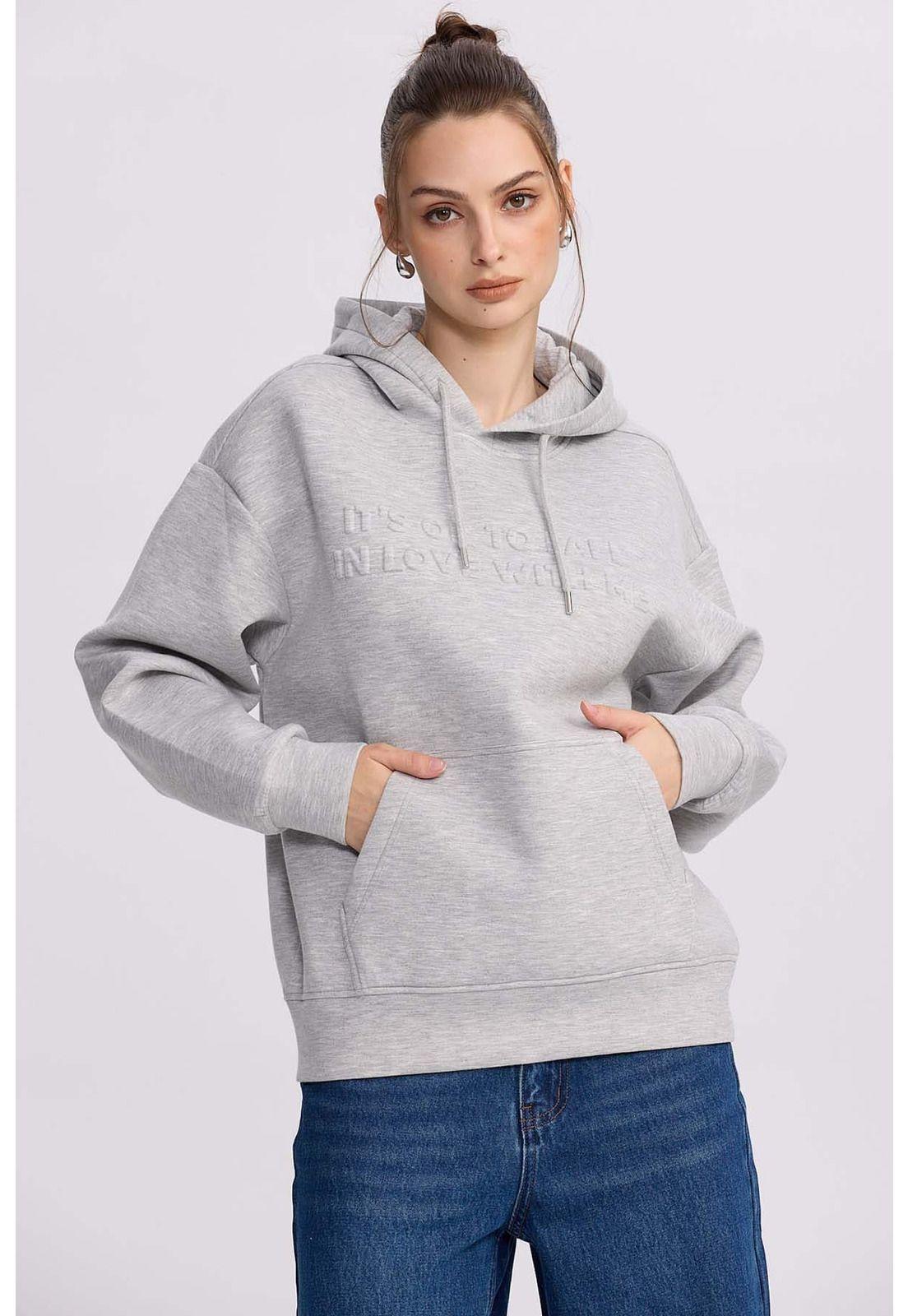 Polerón Mujer Canguro Relieve Gris Melange-0