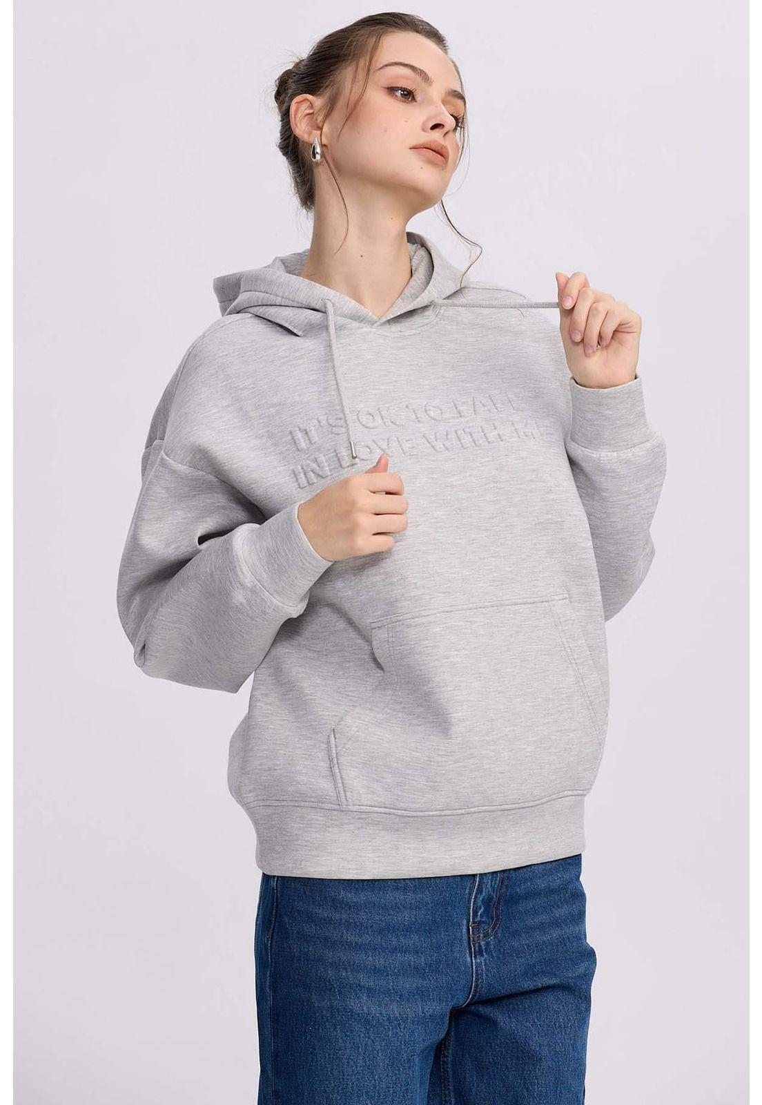 Polerón Mujer Canguro Relieve Gris Melange-1