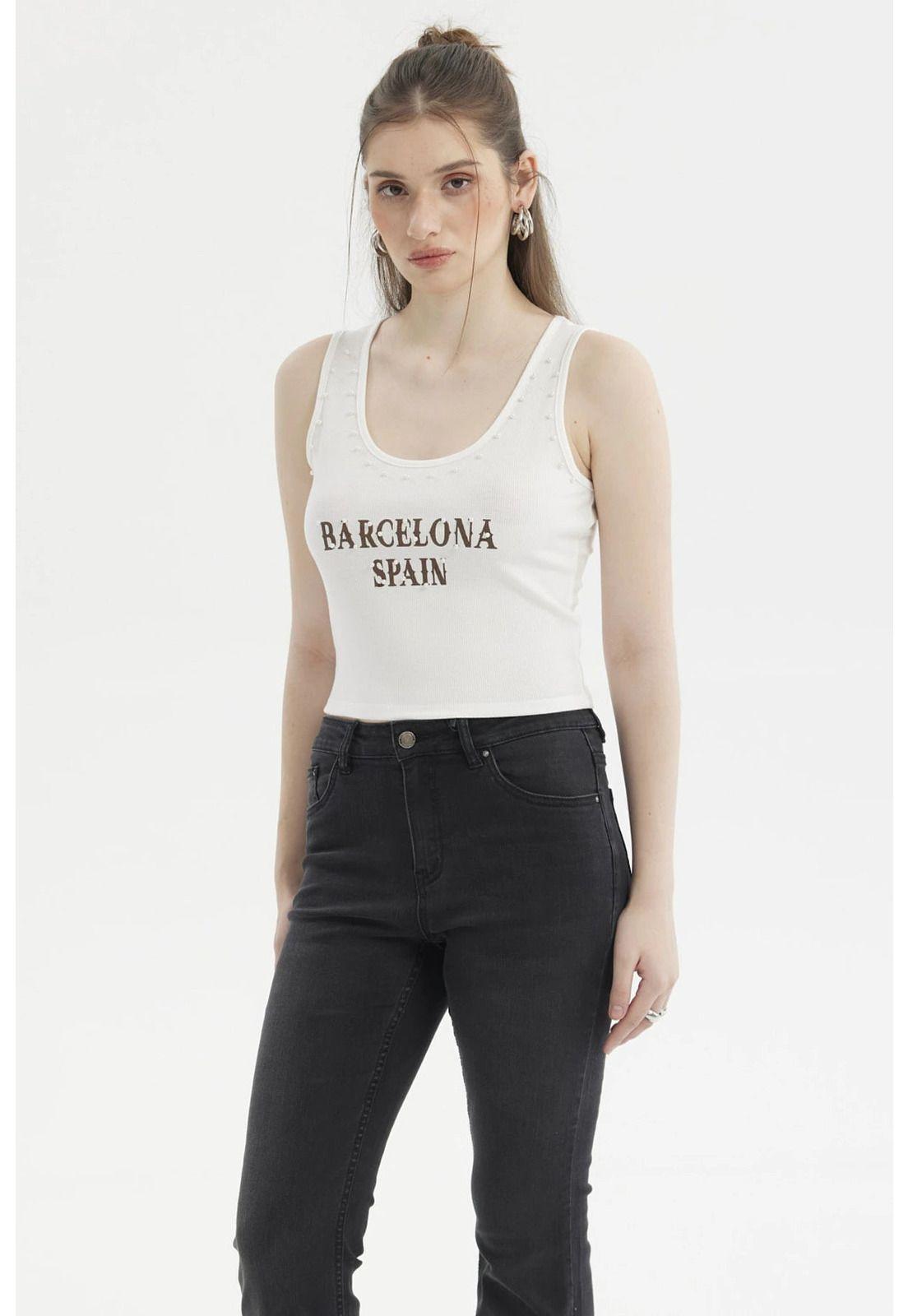 Polera Mujer Rib Aplicación Rivets Y Print Crudo-1