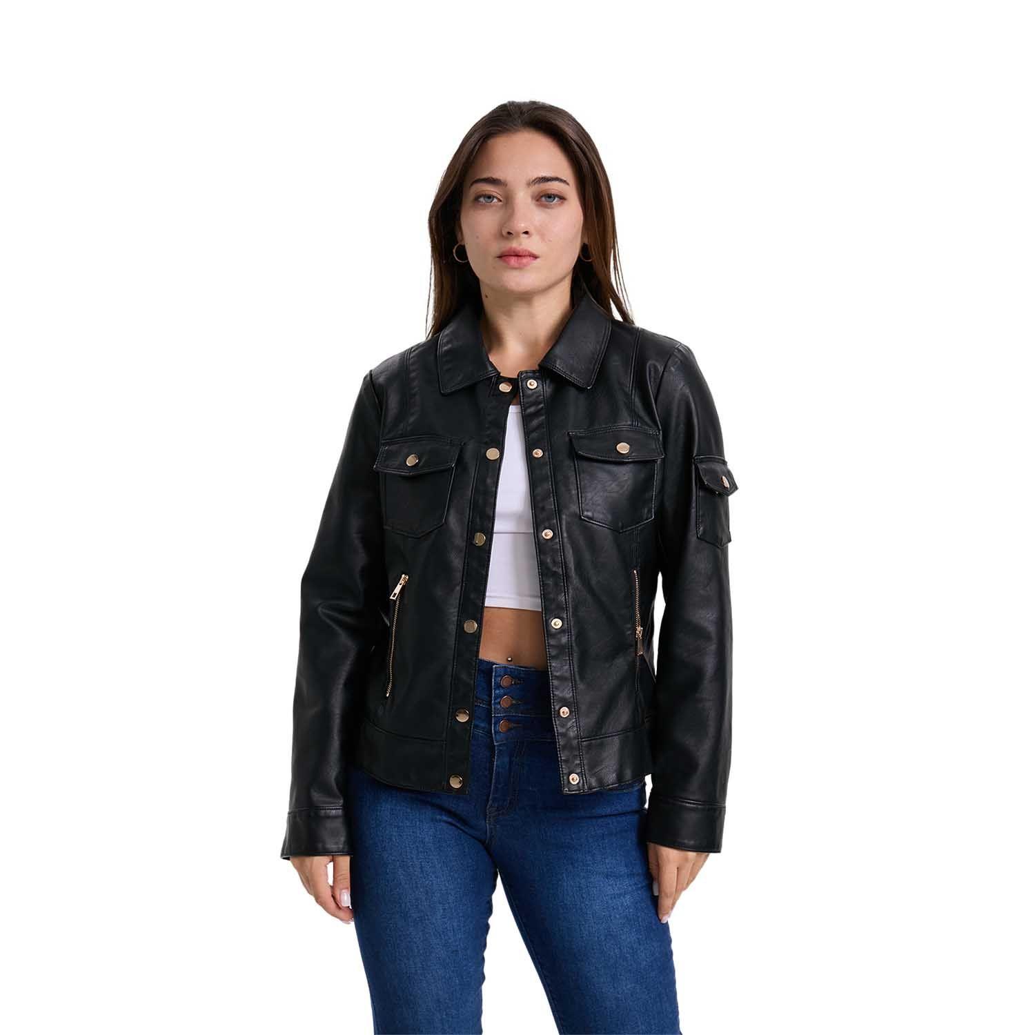 Chaqueta Mujer Pu Abotonado Negro-0