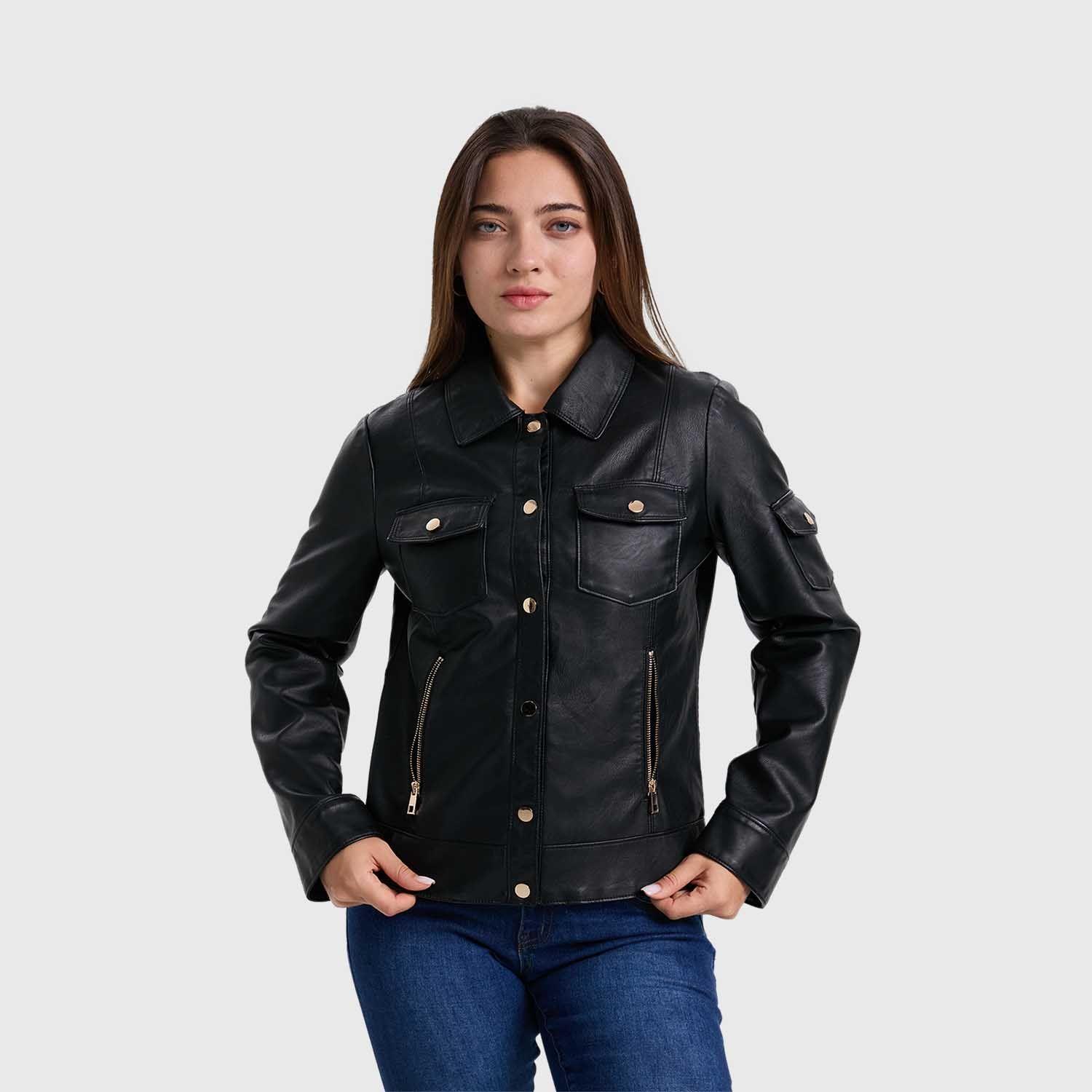 Chaqueta Mujer Pu Abotonado Negro-1