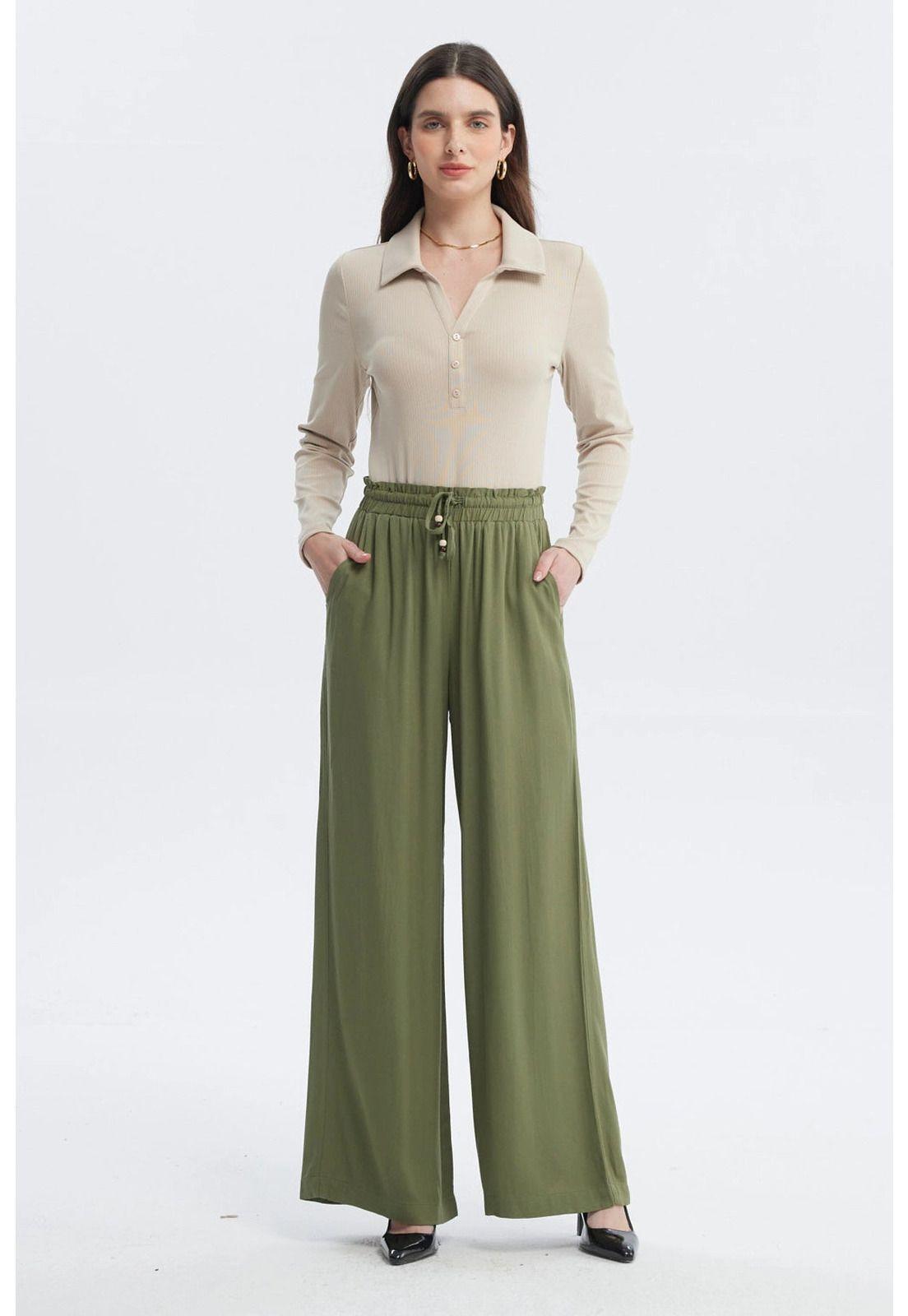 Pantalón Mujer Con Lazo Cintura Verde Olivo-3