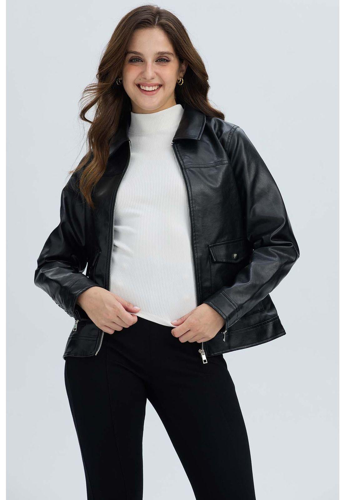 Chaqueta Mujer Efecto Cuero Negro-1