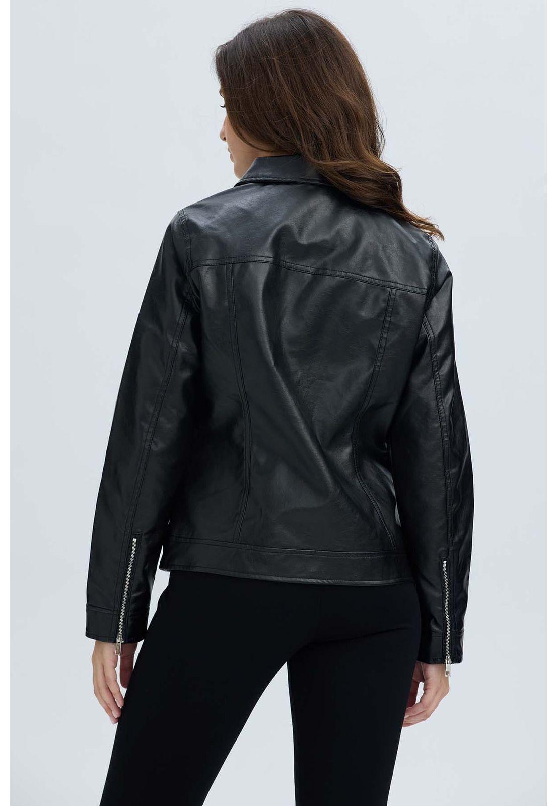 Chaqueta Mujer Efecto Cuero Negro-2