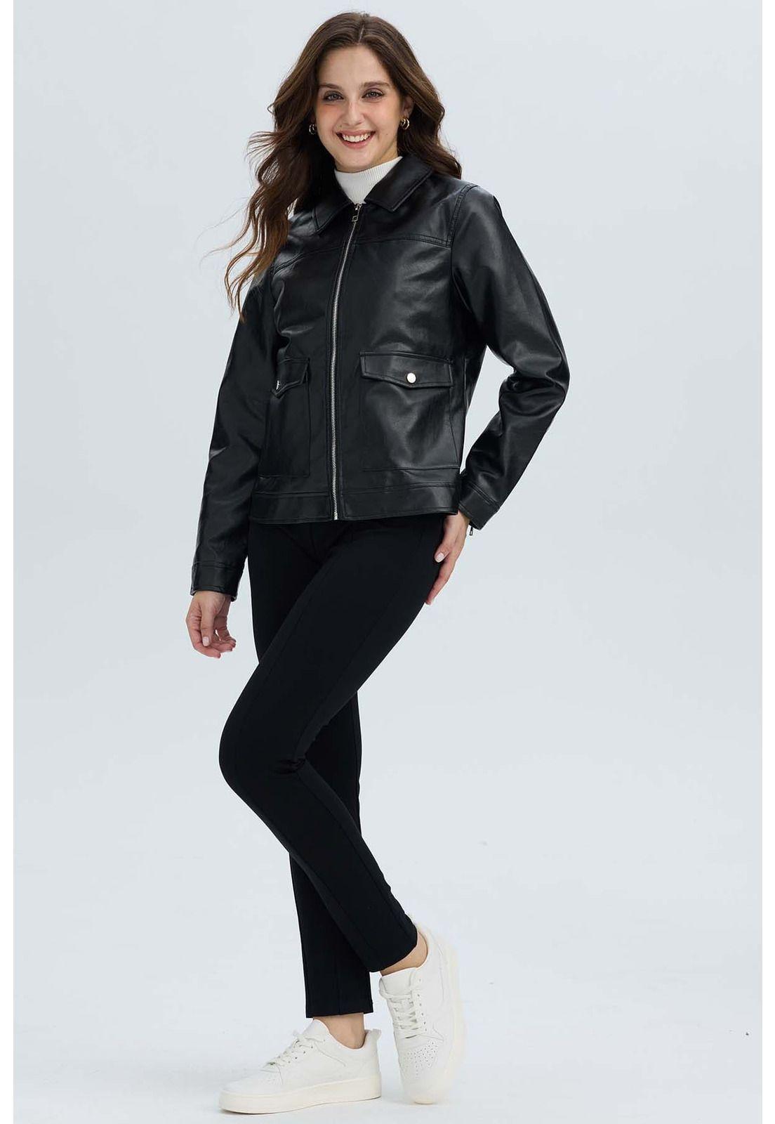 Chaqueta Mujer Efecto Cuero Negro-3