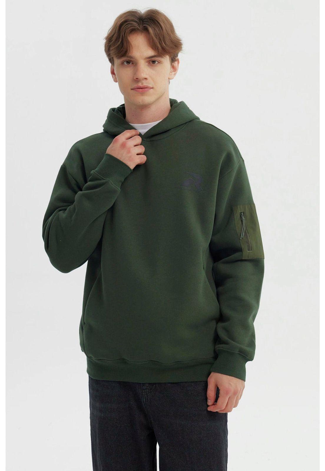 Polerón Hombre Slim Con Gorro Verde Militar-0