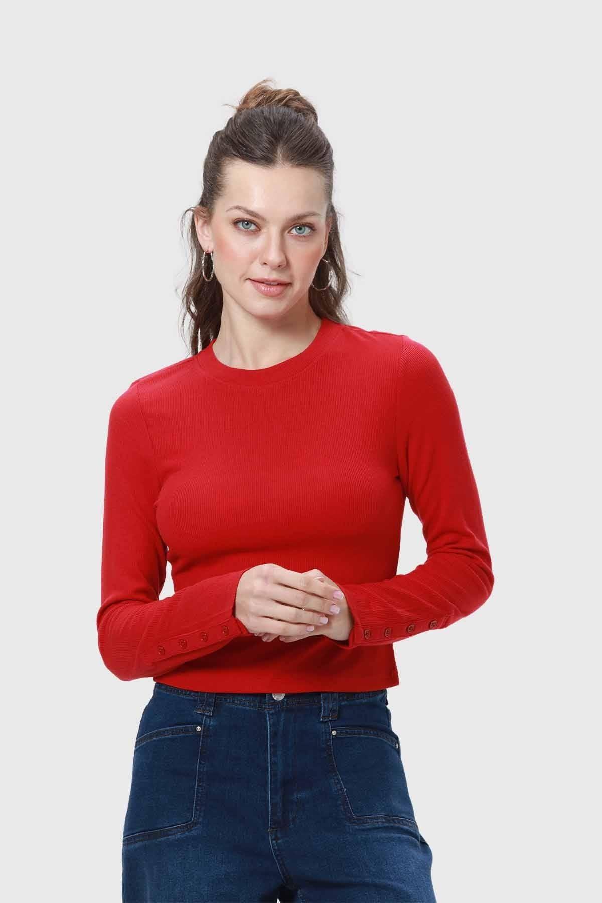 Polera Mujer Botones Rojo-4