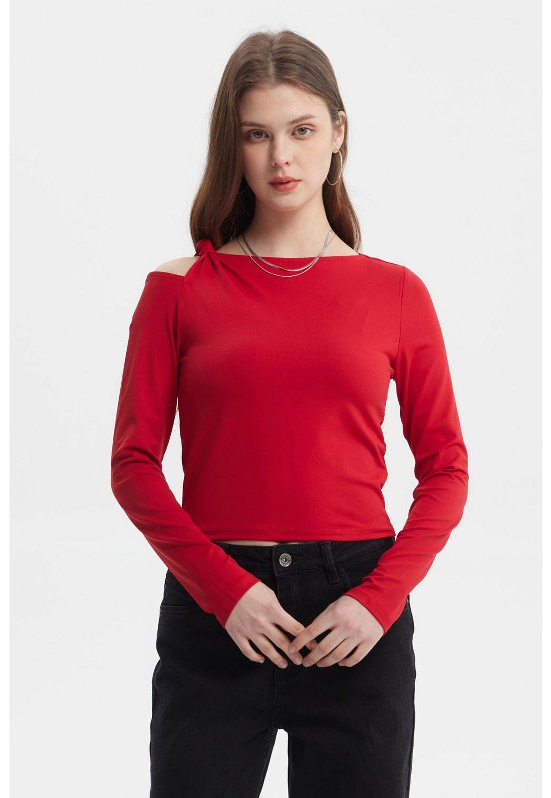 Polera Mujer Nudo Hombro Rojo-0
