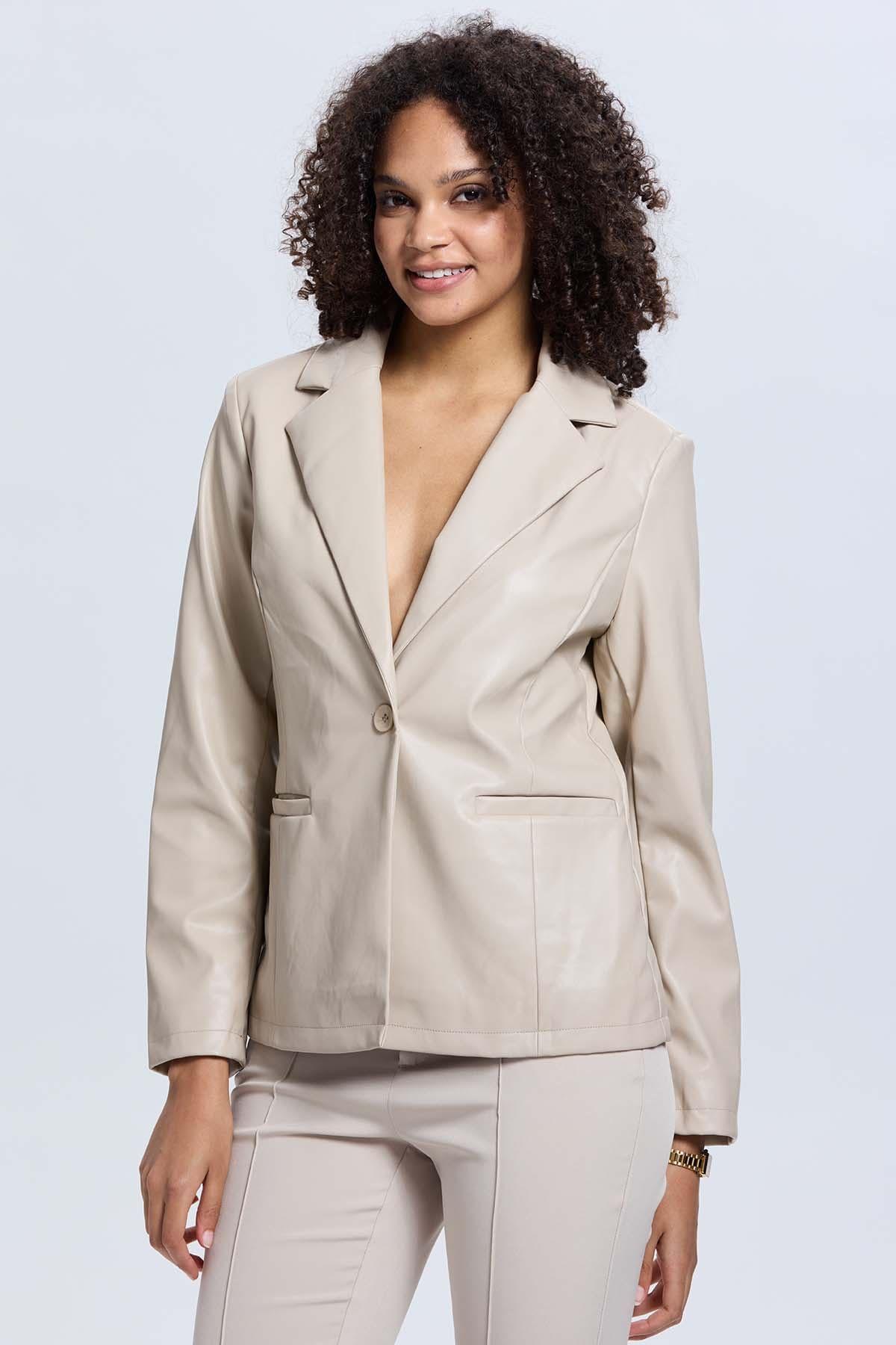 Chaqueta Mujer Efecto Cuero Beige-1