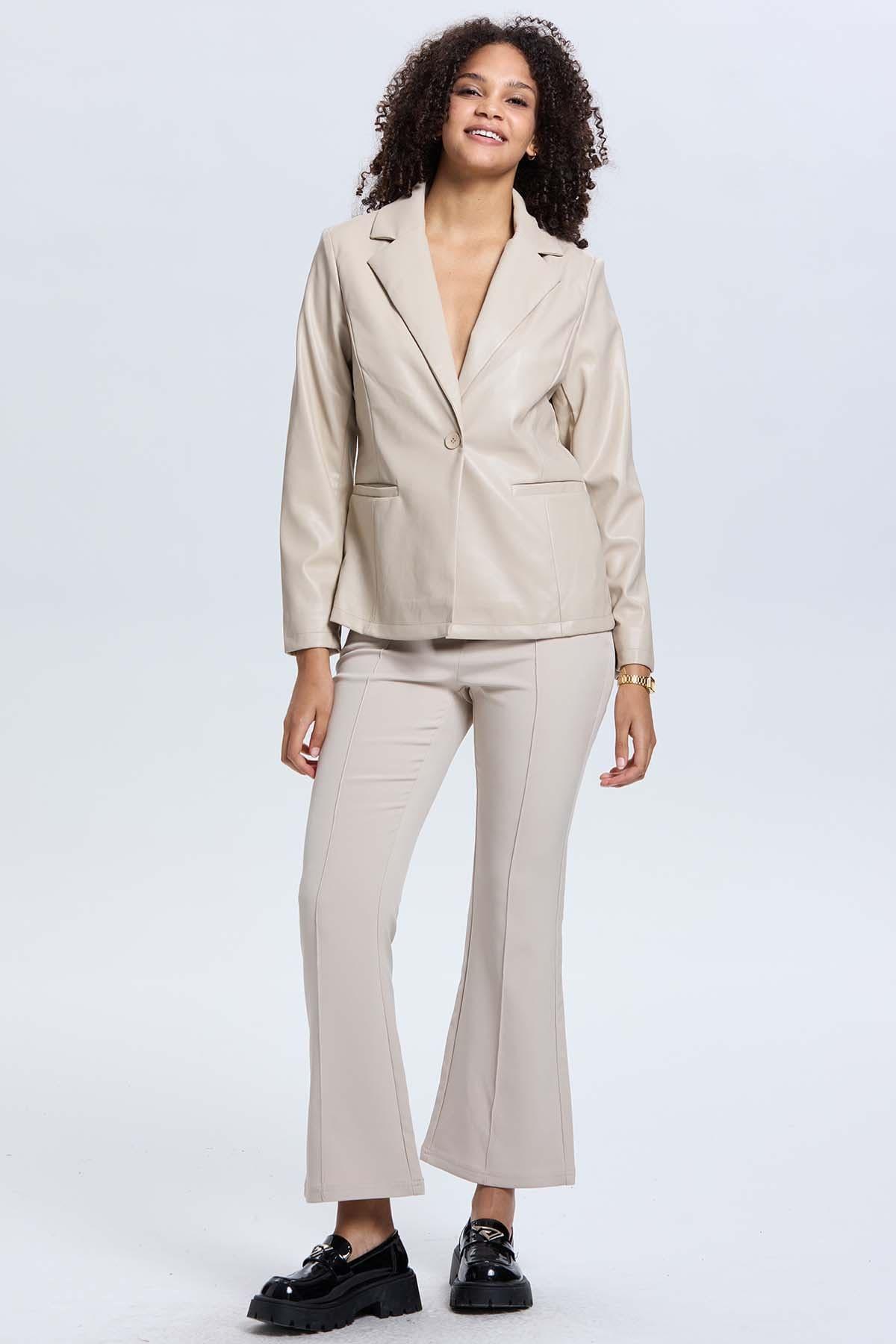 Chaqueta Mujer Efecto Cuero Beige-3