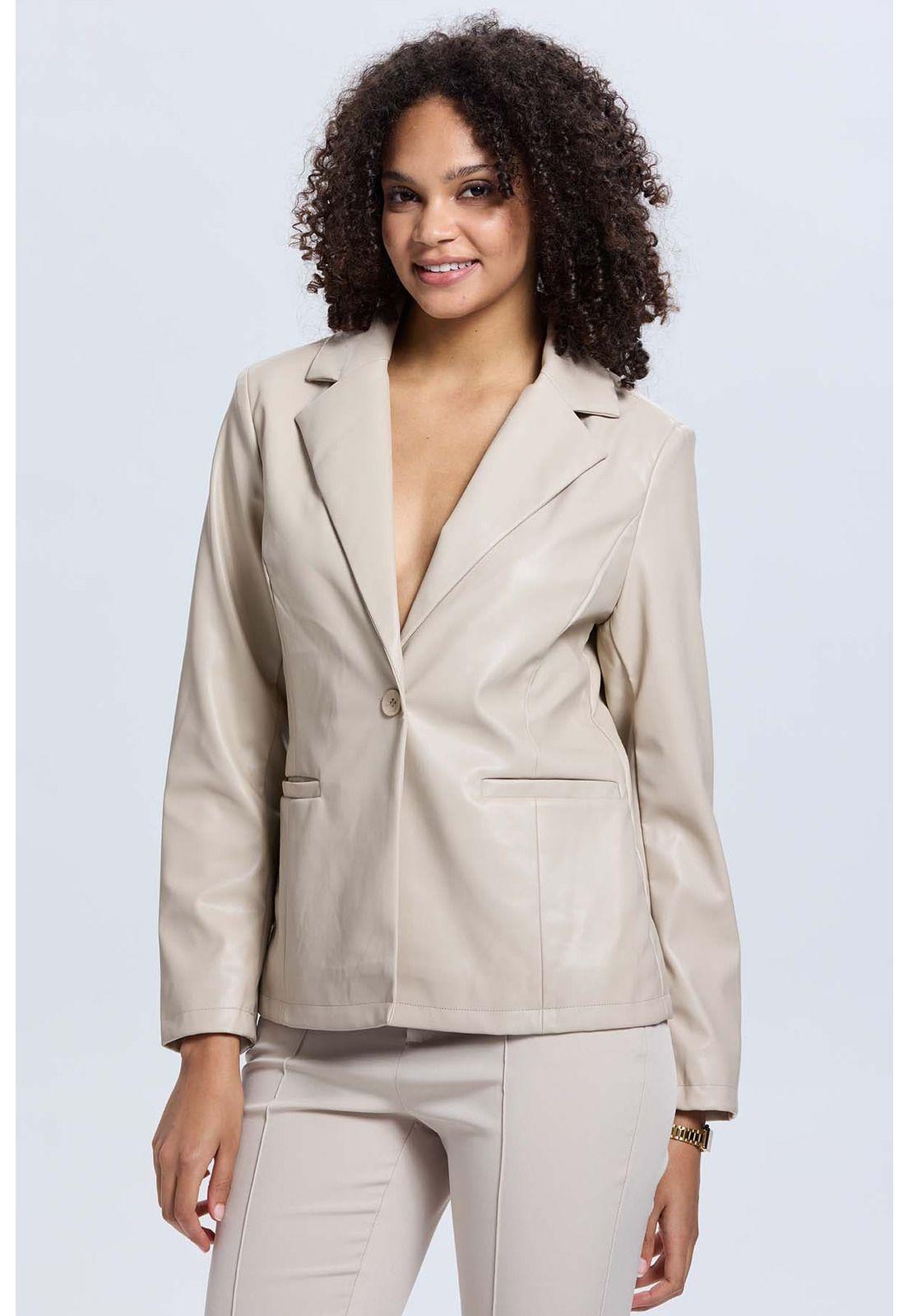 Chaqueta Mujer Efecto Cuero Beige-1