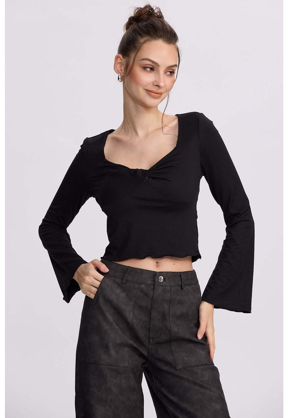 Polera Mujer Escote V Negro - ll-1
