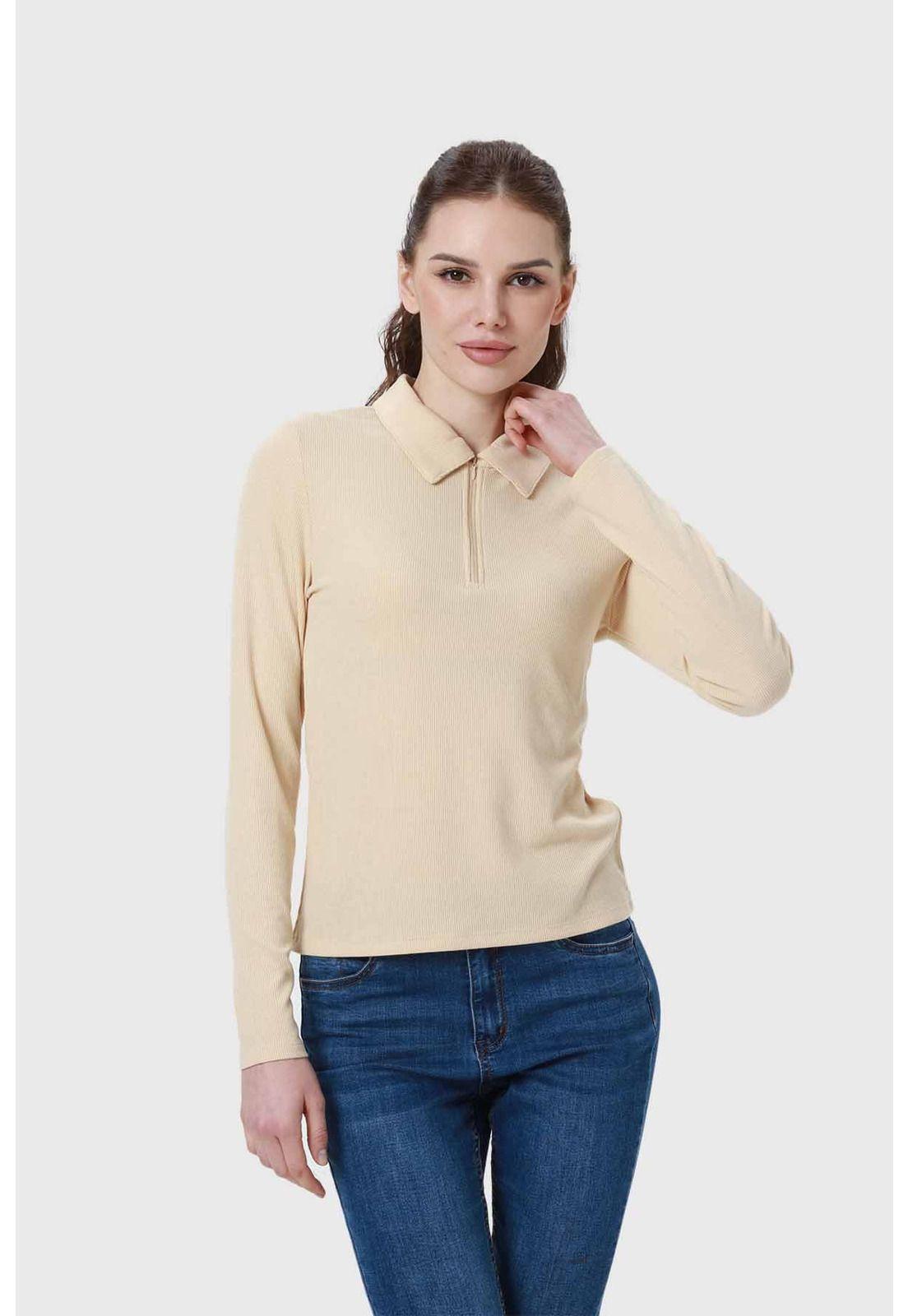 Polera Mujer Medio Cierre Estampado Beige-0