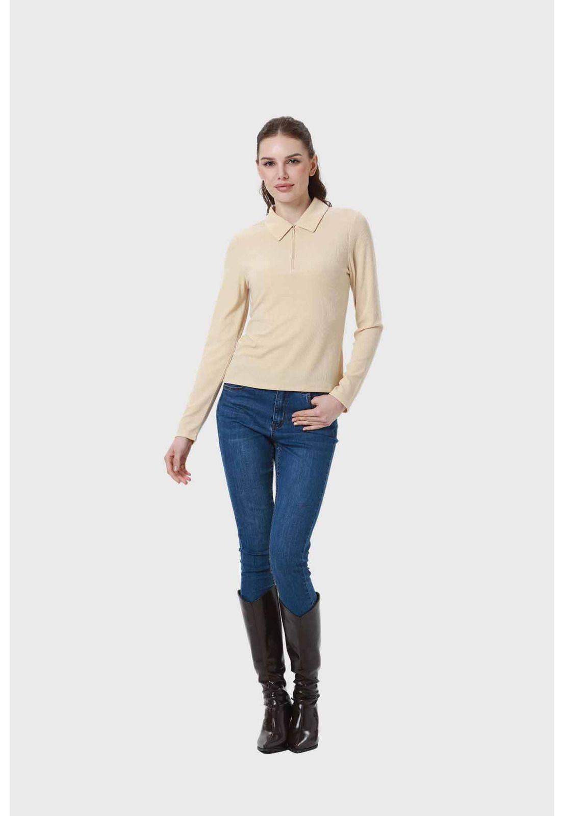 Polera Mujer Medio Cierre Estampado Beige-3