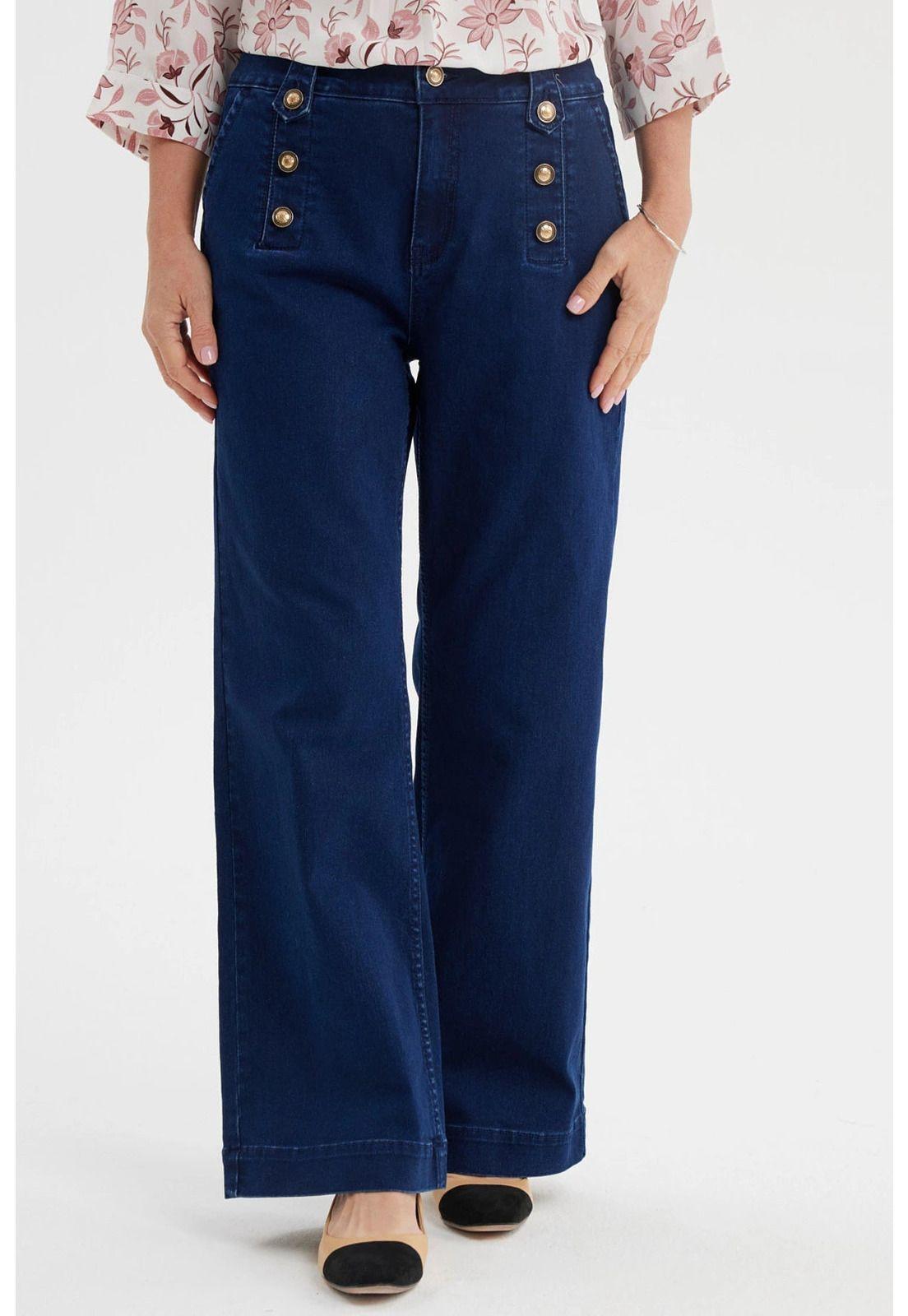 Jeans Mujer Flare Botones Delantero Azul Oscuro-0