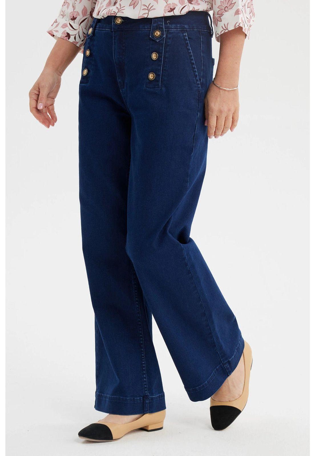 Jeans Mujer Flare Botones Delantero Azul Oscuro-1