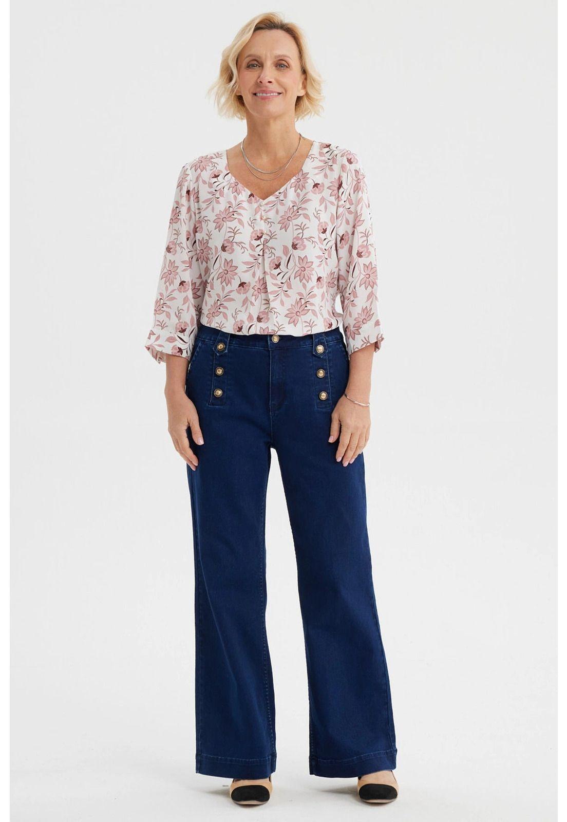 Jeans Mujer Flare Botones Delantero Azul Oscuro-3