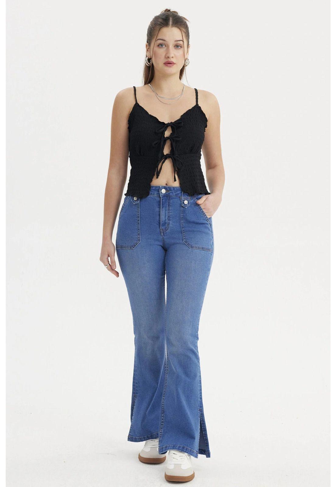 Jeans Mujer Flare Botones Azul-3