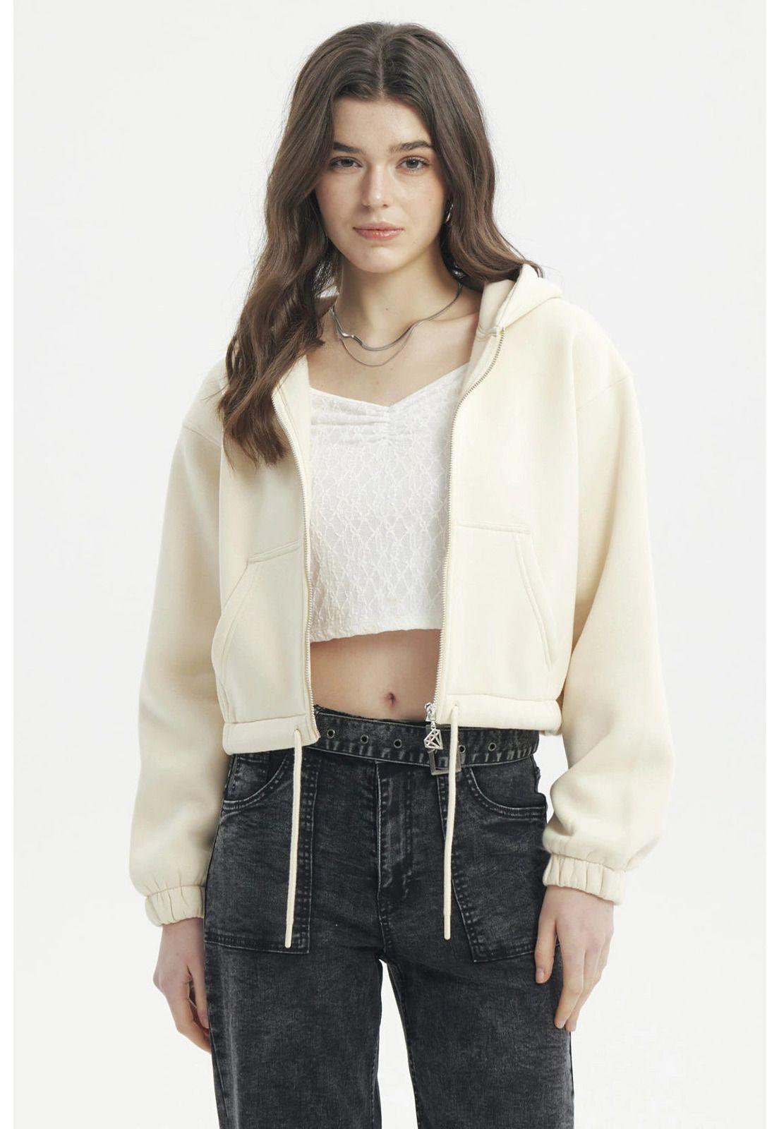 Polerón Mujer Zipper Crop Crema-0
