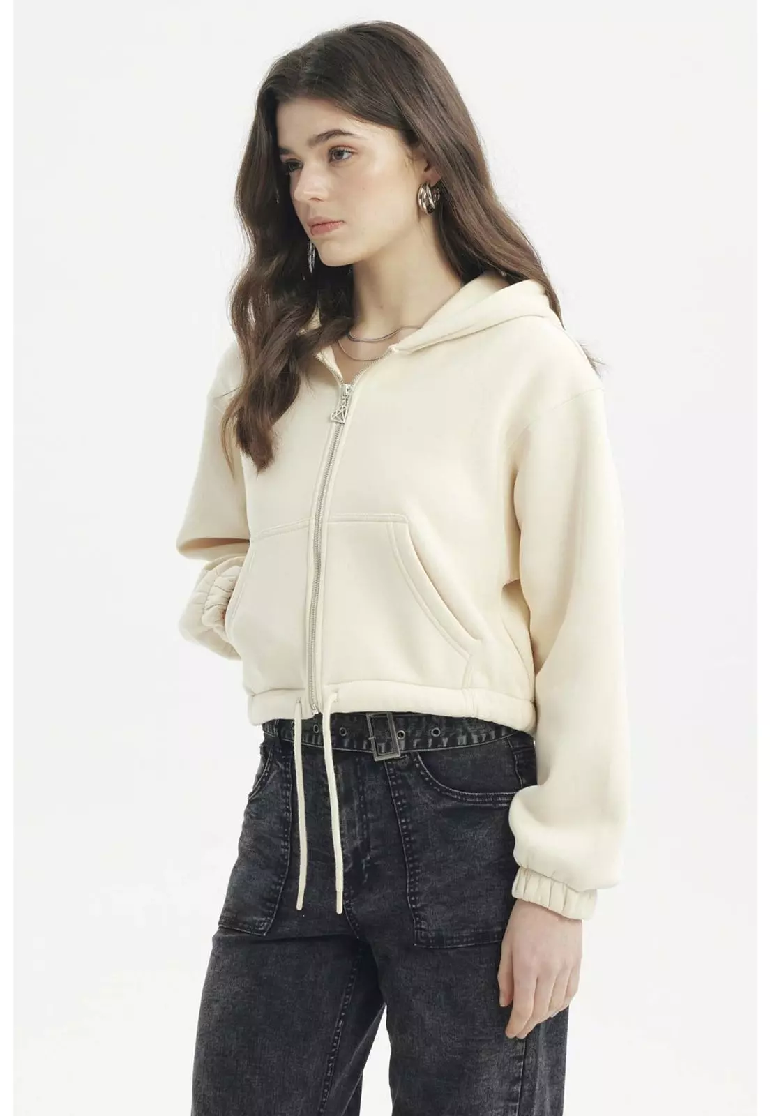 Polerón Mujer Zipper Crop Crema-1