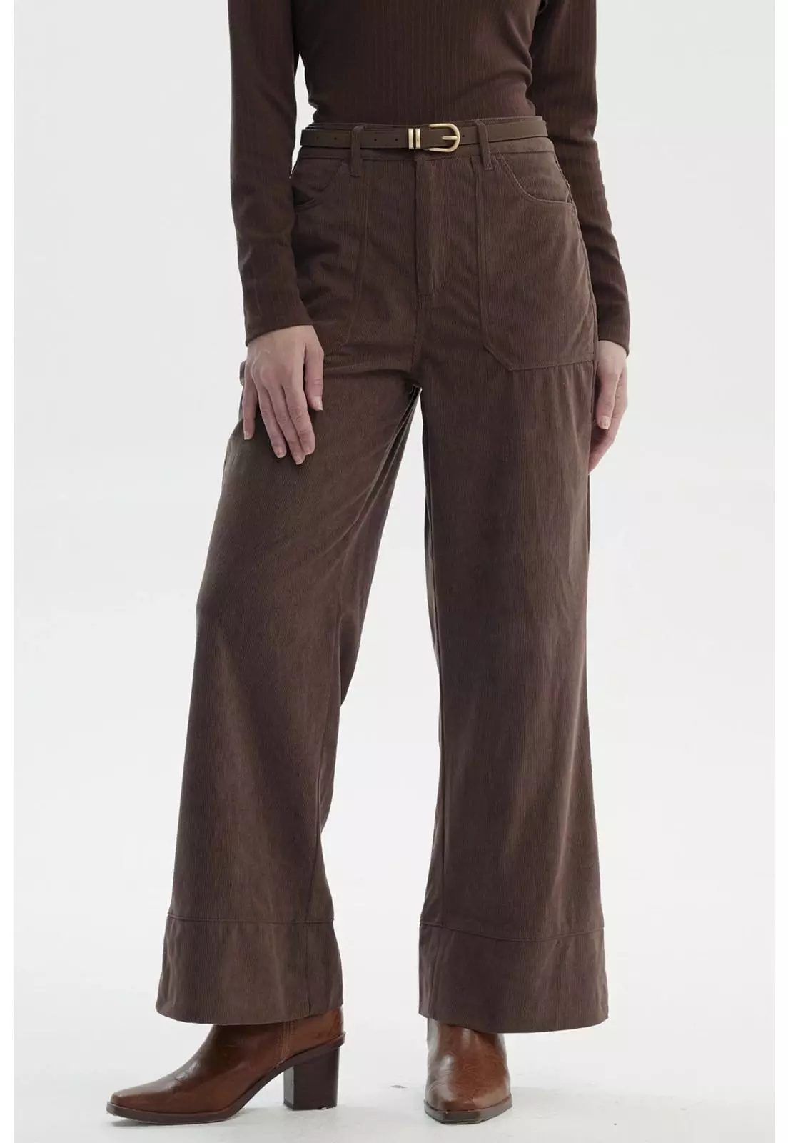 Pantalón Mujer Wide Leg Cotelé Café Claro-0