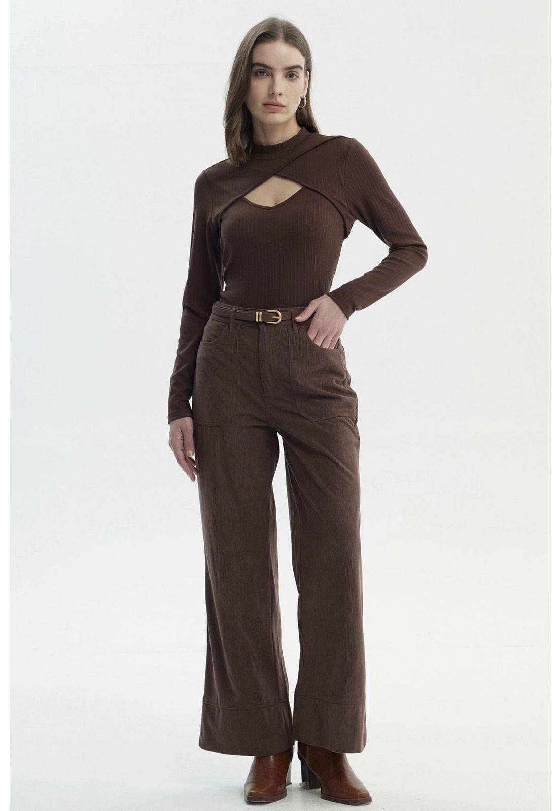Pantalón Mujer Wide Leg Cotelé Café Claro-3