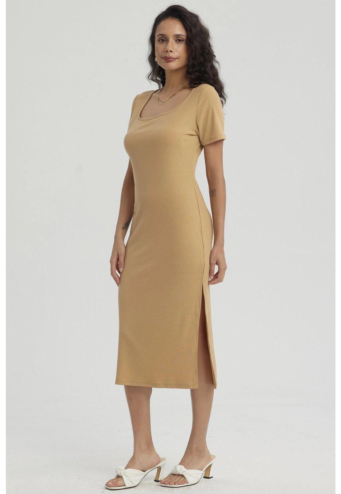 Vestido Mujer Largo Escote Cuadrado Camel-1