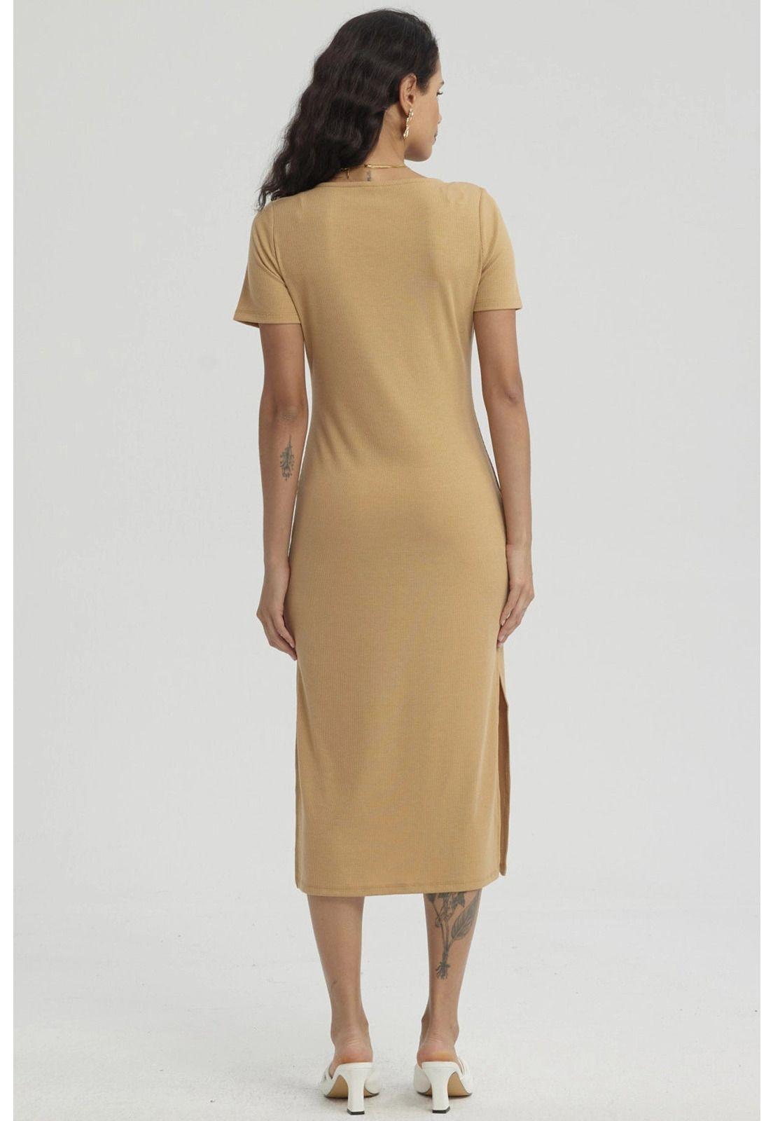 Vestido Mujer Largo Escote Cuadrado Camel-2