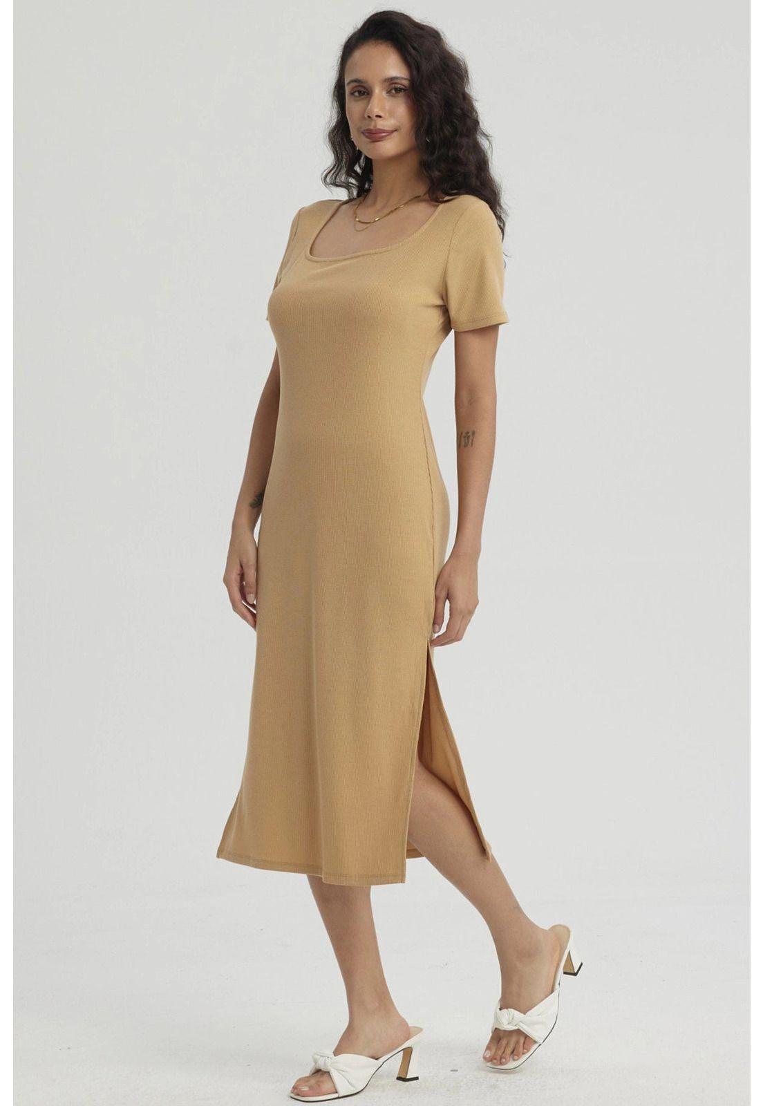 Vestido Mujer Largo Escote Cuadrado Camel-3
