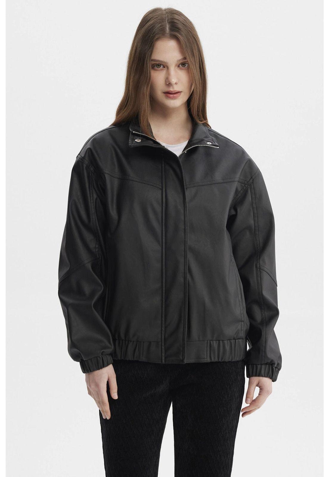 Chaqueta Mujer Oversize Efecto Cuero Negro-0