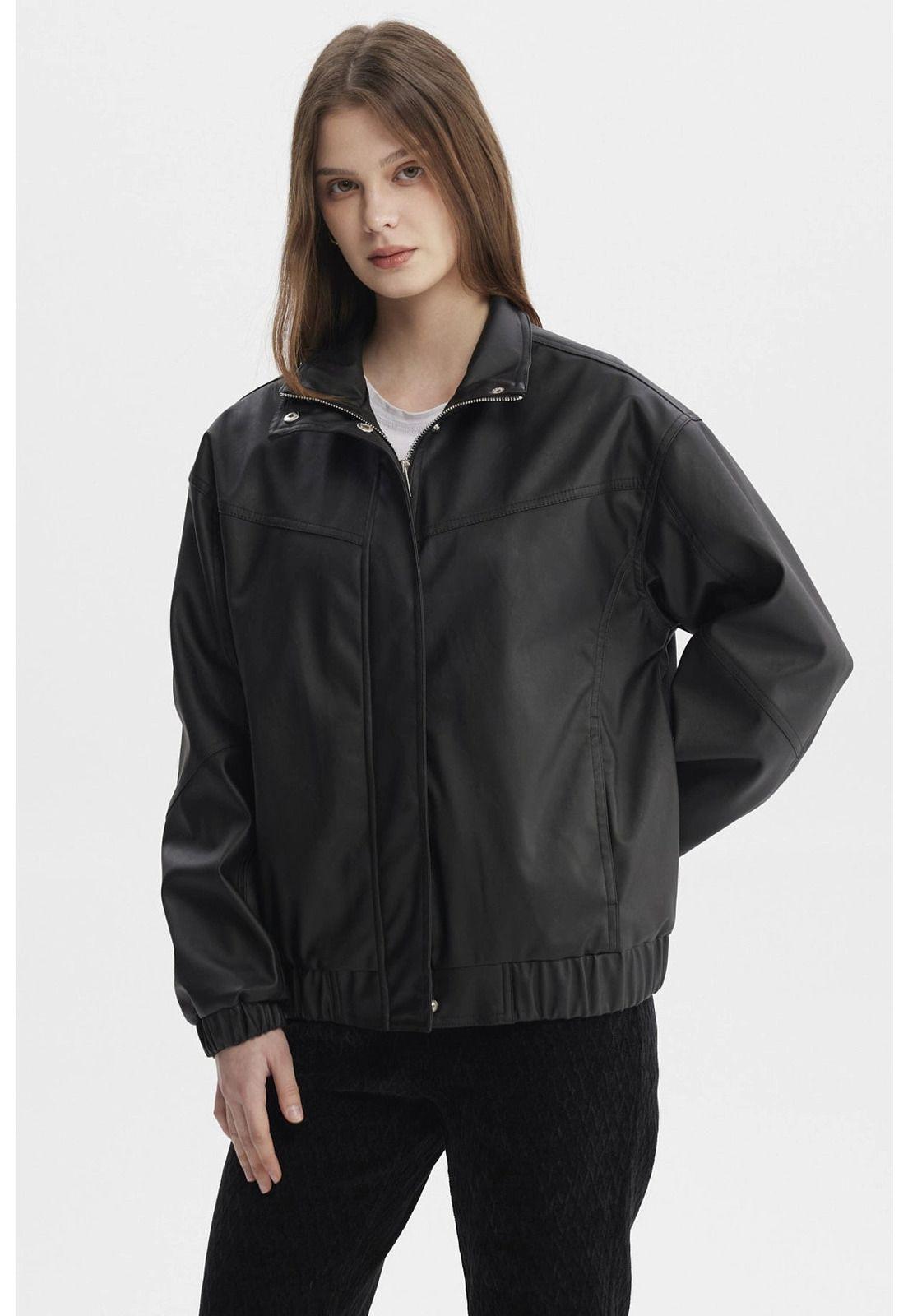 Chaqueta Mujer Oversize Efecto Cuero Negro-1