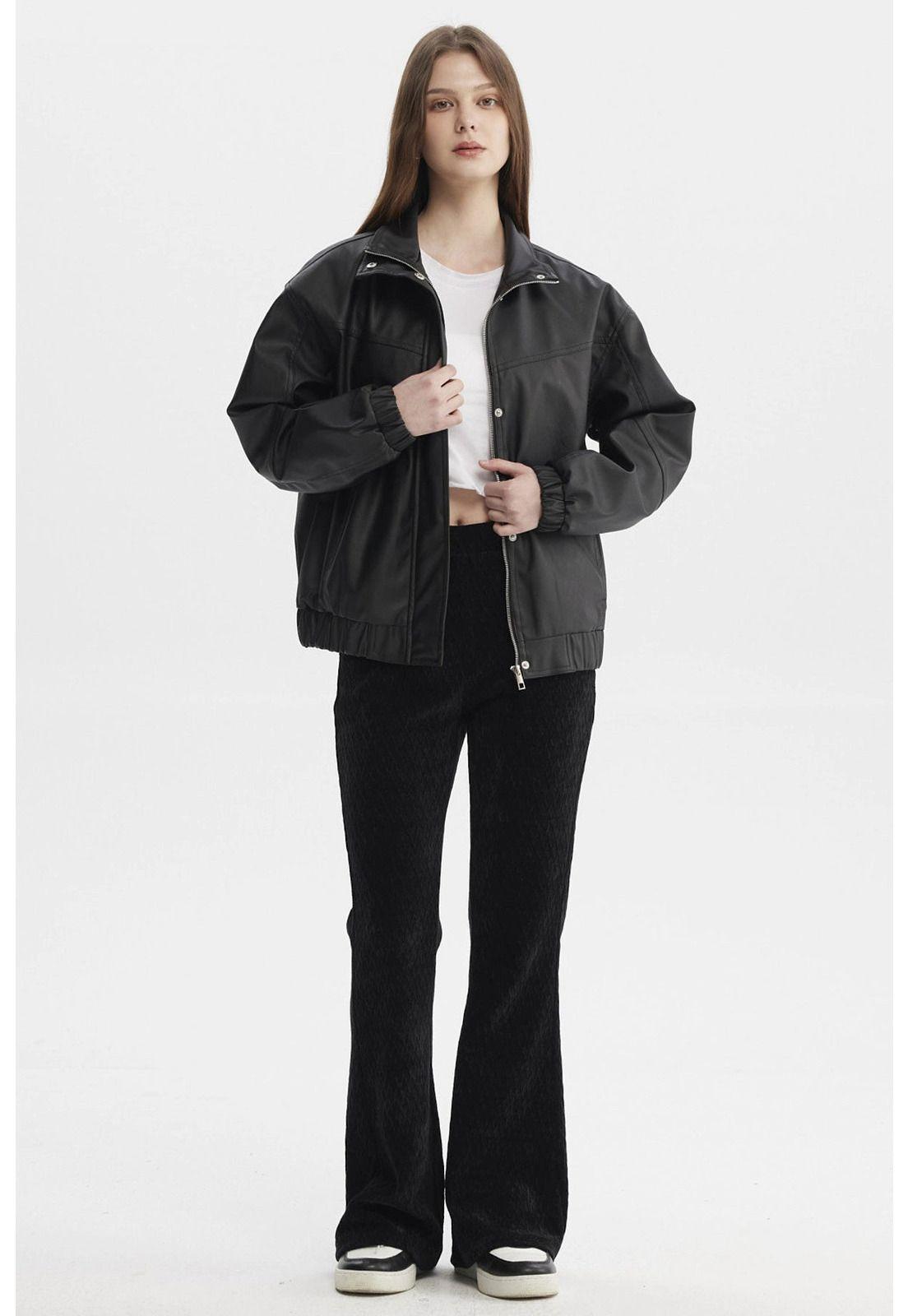 Chaqueta Mujer Oversize Efecto Cuero Negro-3