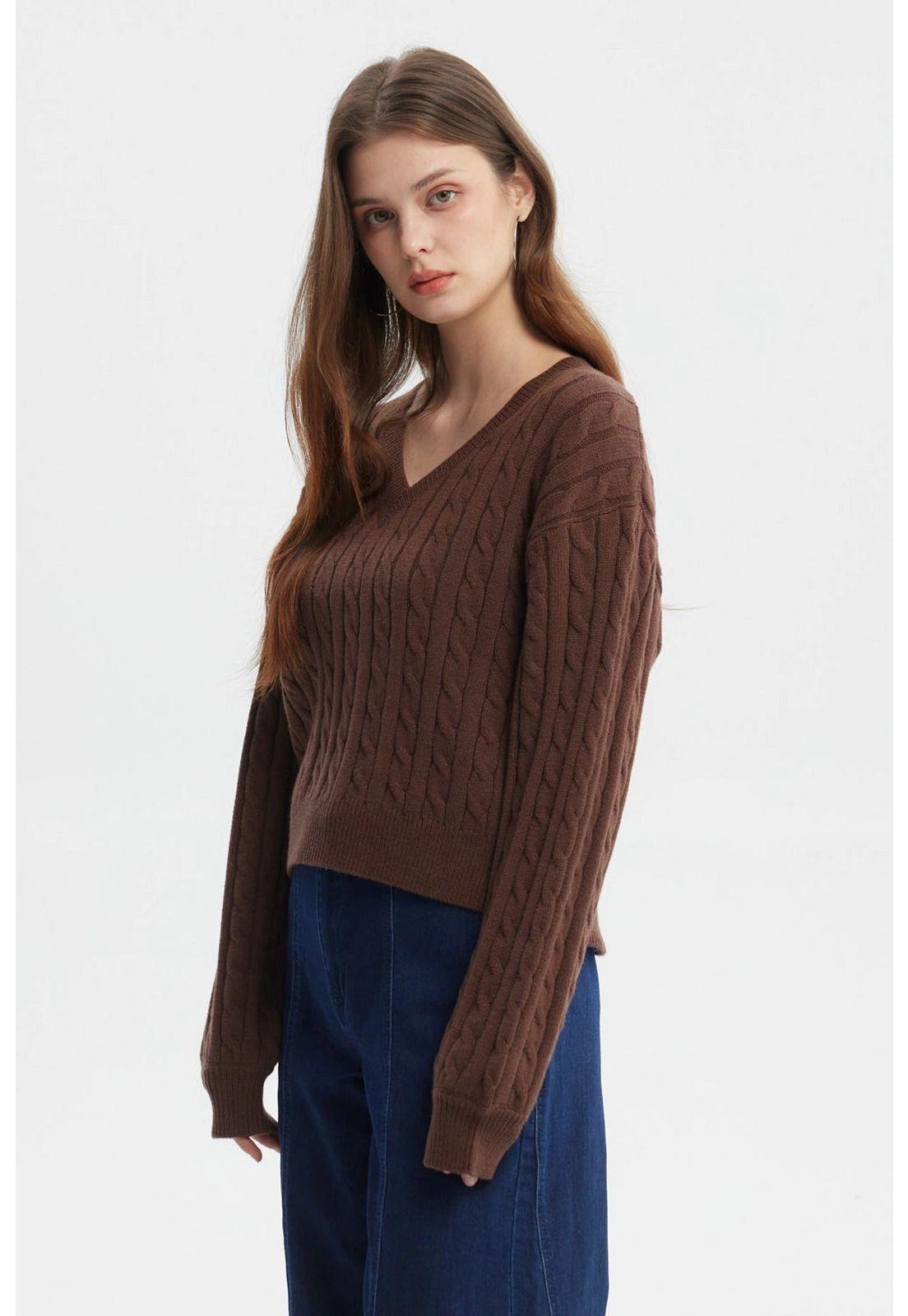 Sweater Mujer Cuello V Lisos Café Oscuro-1