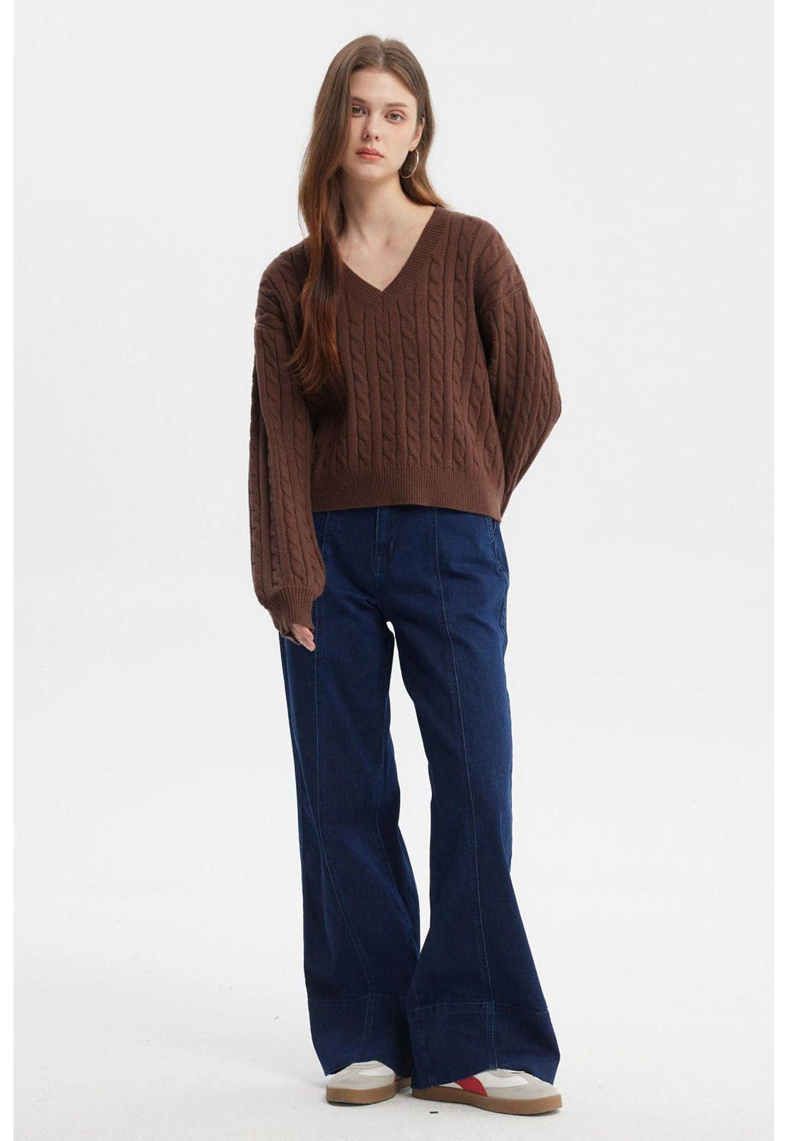 Sweater Mujer Cuello V Lisos Café Oscuro-3