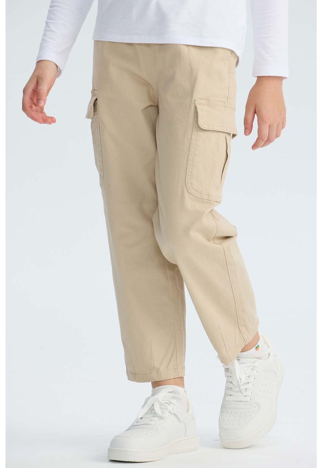 Pantalón Niña Cargo Con Pliegue En Basta Beige-1