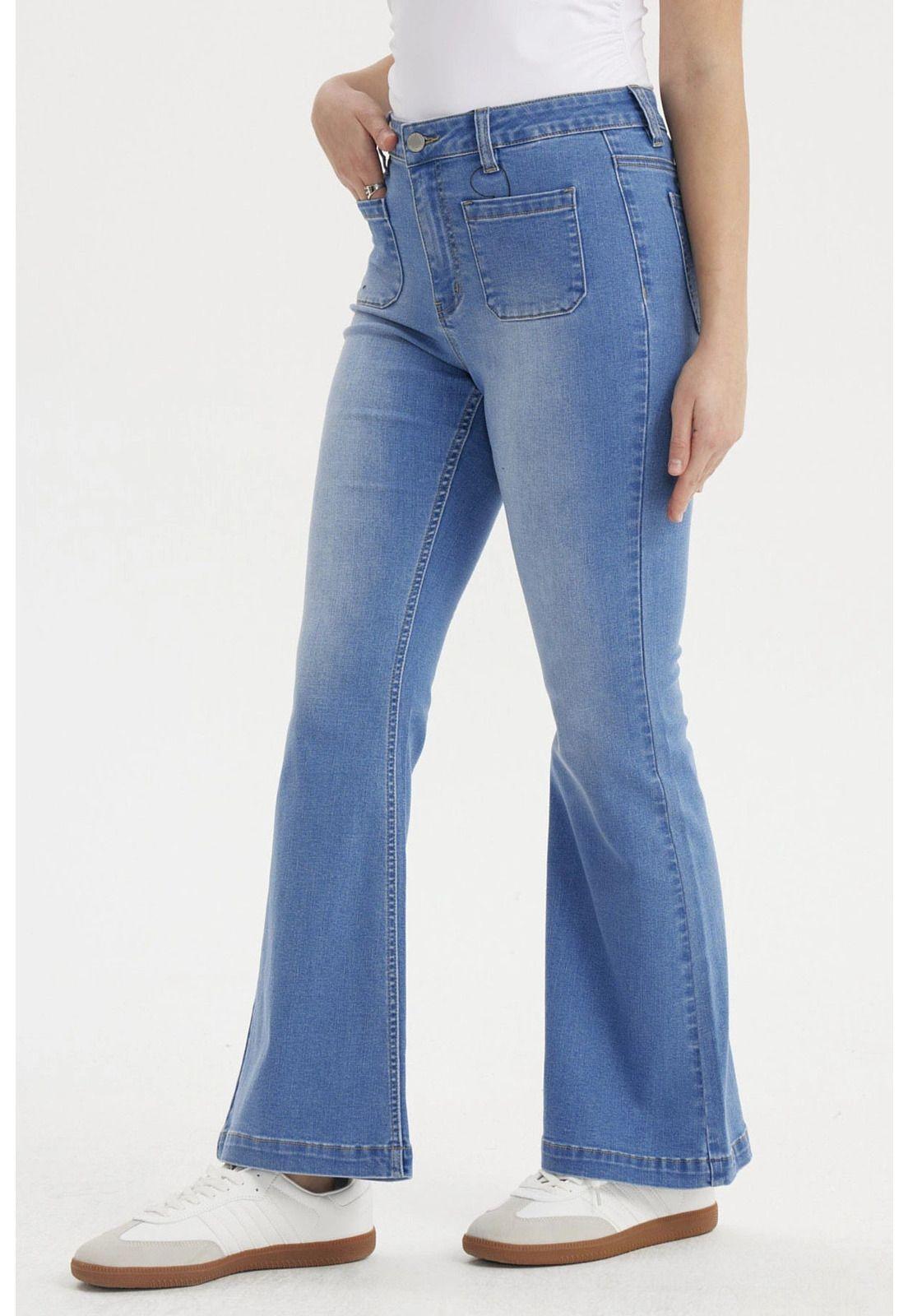 Jeans Mujer Flare Bolsiillos Azul-1