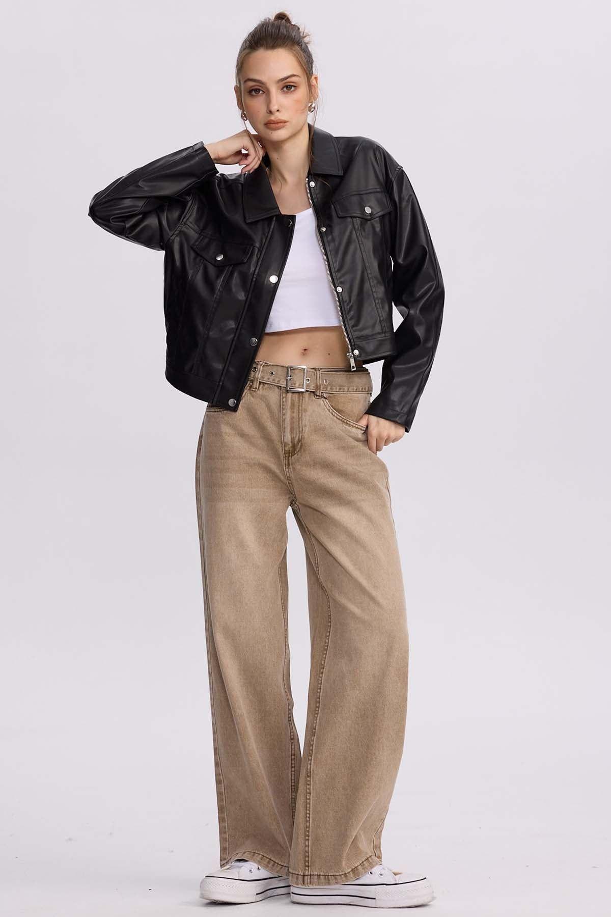Jeans Mujer Baggy Cinturón Caqui-3