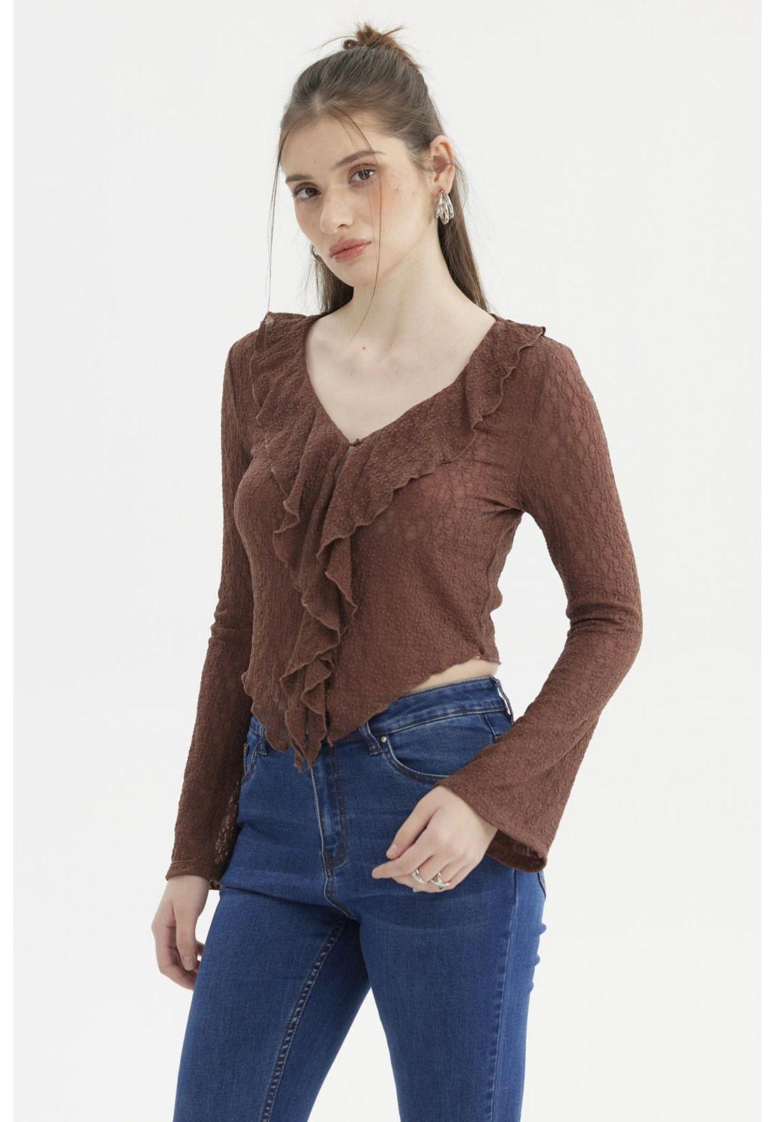 Polera Mujer Encaje Escote V Café Oscuro-1