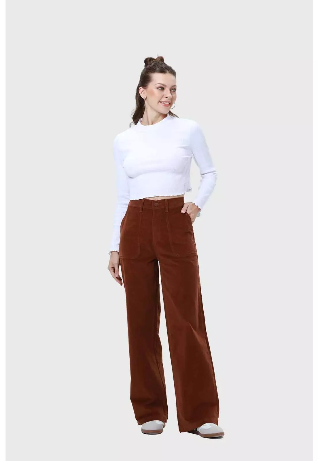 Pantalón Mujer Wide Leg Cotelé Café-3