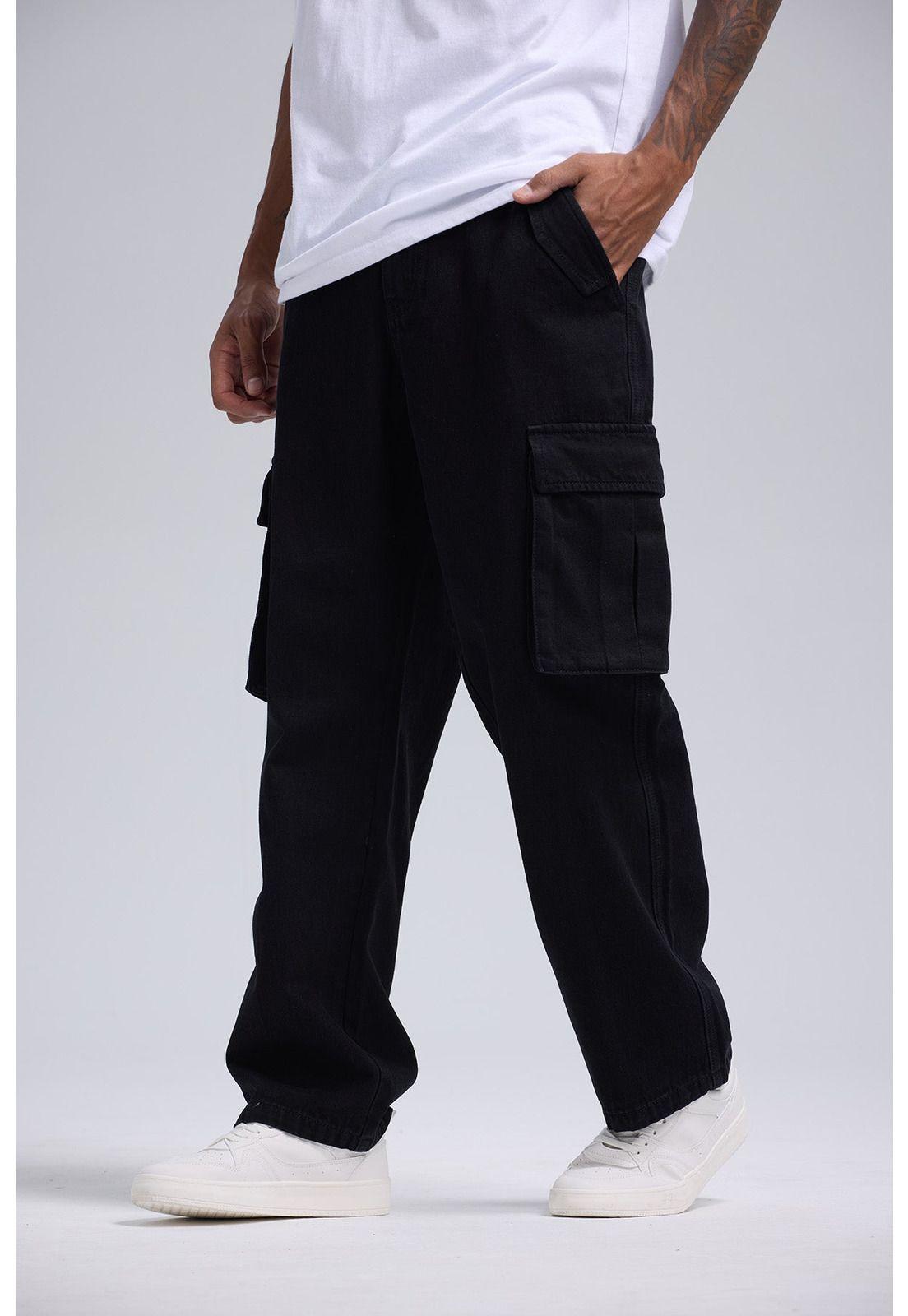 Jeans Hombre Cargo Bolsillos Negro-1