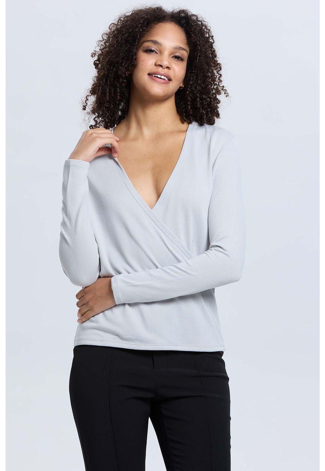 Sweater Mujer Escote V Gris-1
