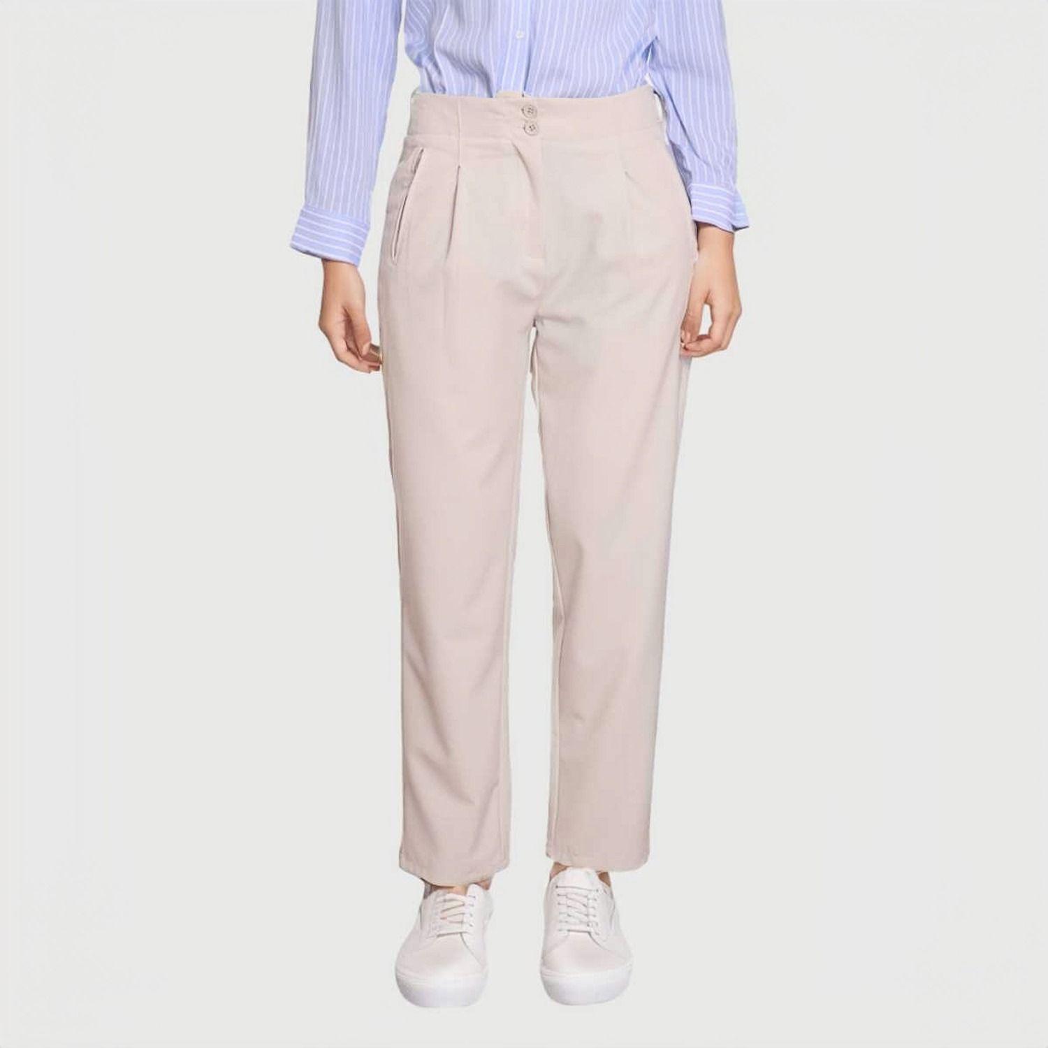 Pantalón Calce Zanahoria Pinzas Beige Claro Mujer-0