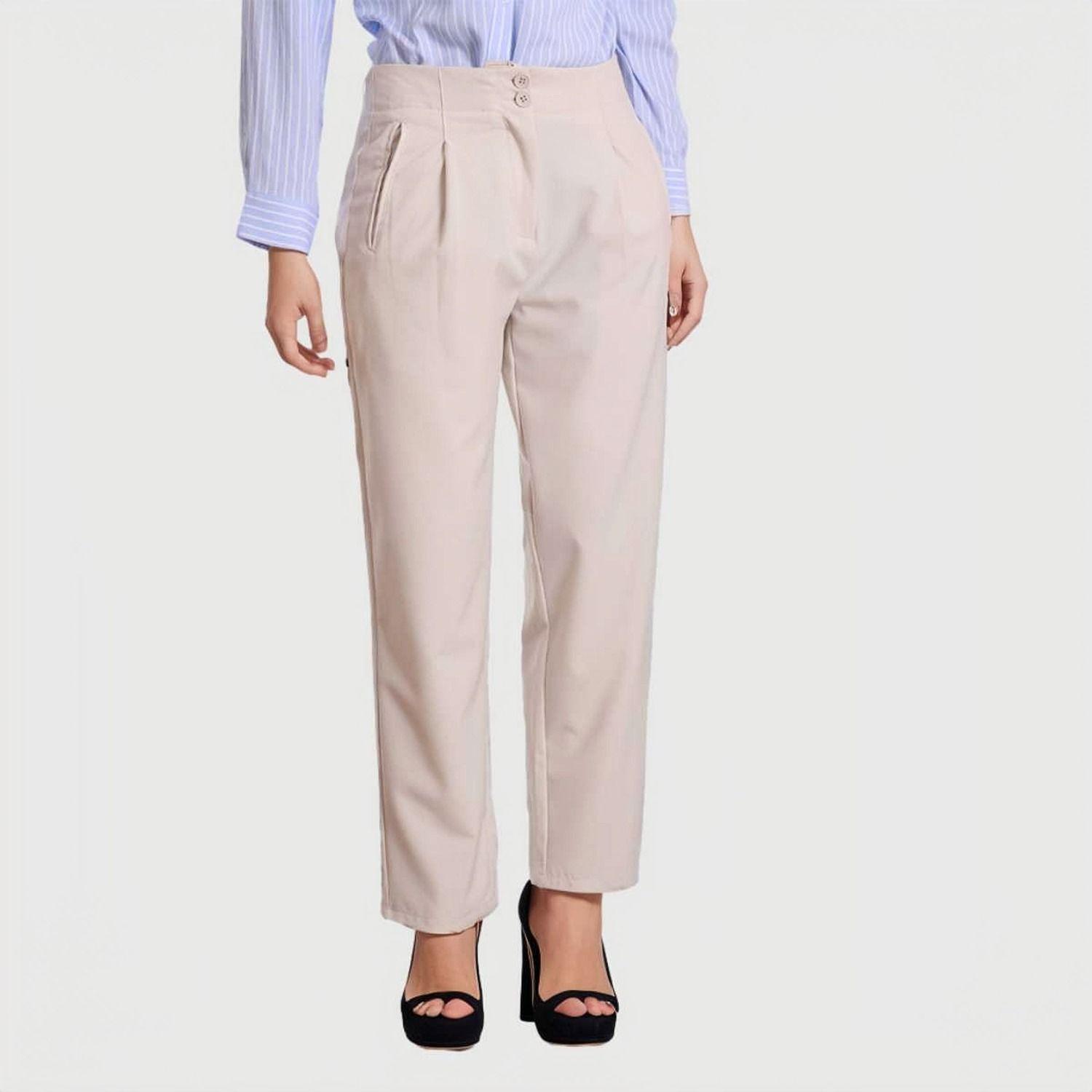 Pantalón Calce Zanahoria Pinzas Beige Claro Mujer-1