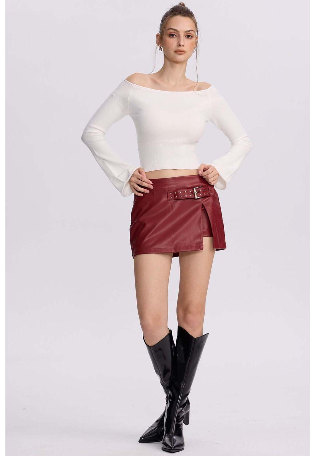 Falda Mujer Short Cinturón Burdeo-3