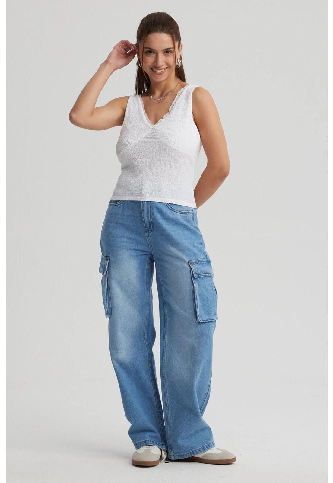 Jeans Mujer Cargo Calce Recto Azul - VIII-3