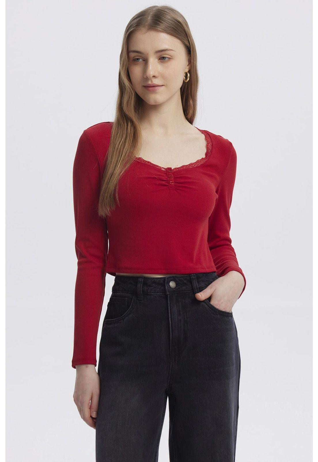 Polera Mujer Cuello V Ajustado Rojo-0