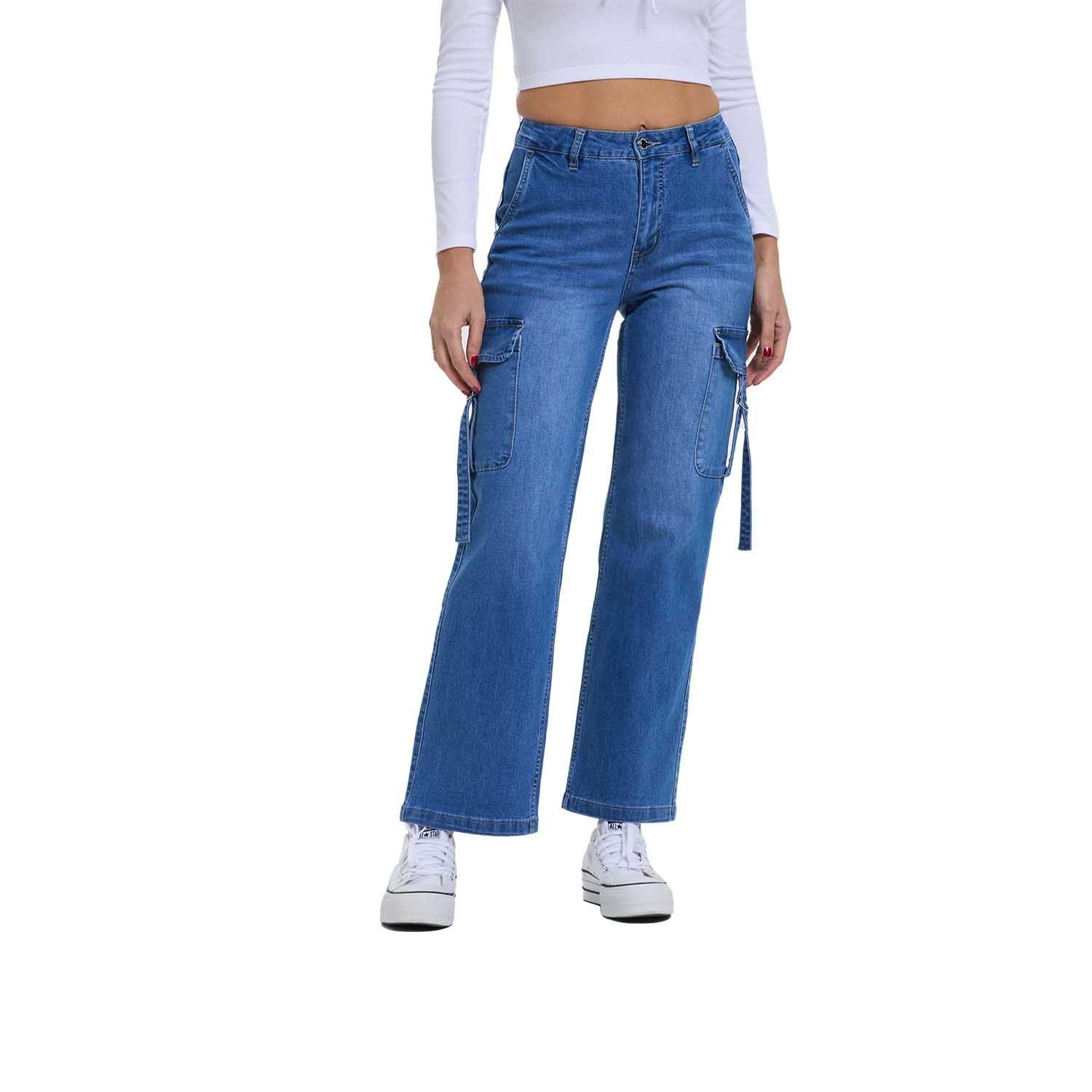 Jeans Mujer Recto Cargo Azul II Fashion's Park-0