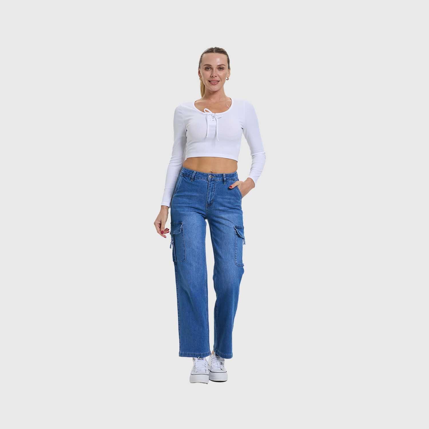 Jeans Mujer Recto Cargo Azul II Fashion's Park-3