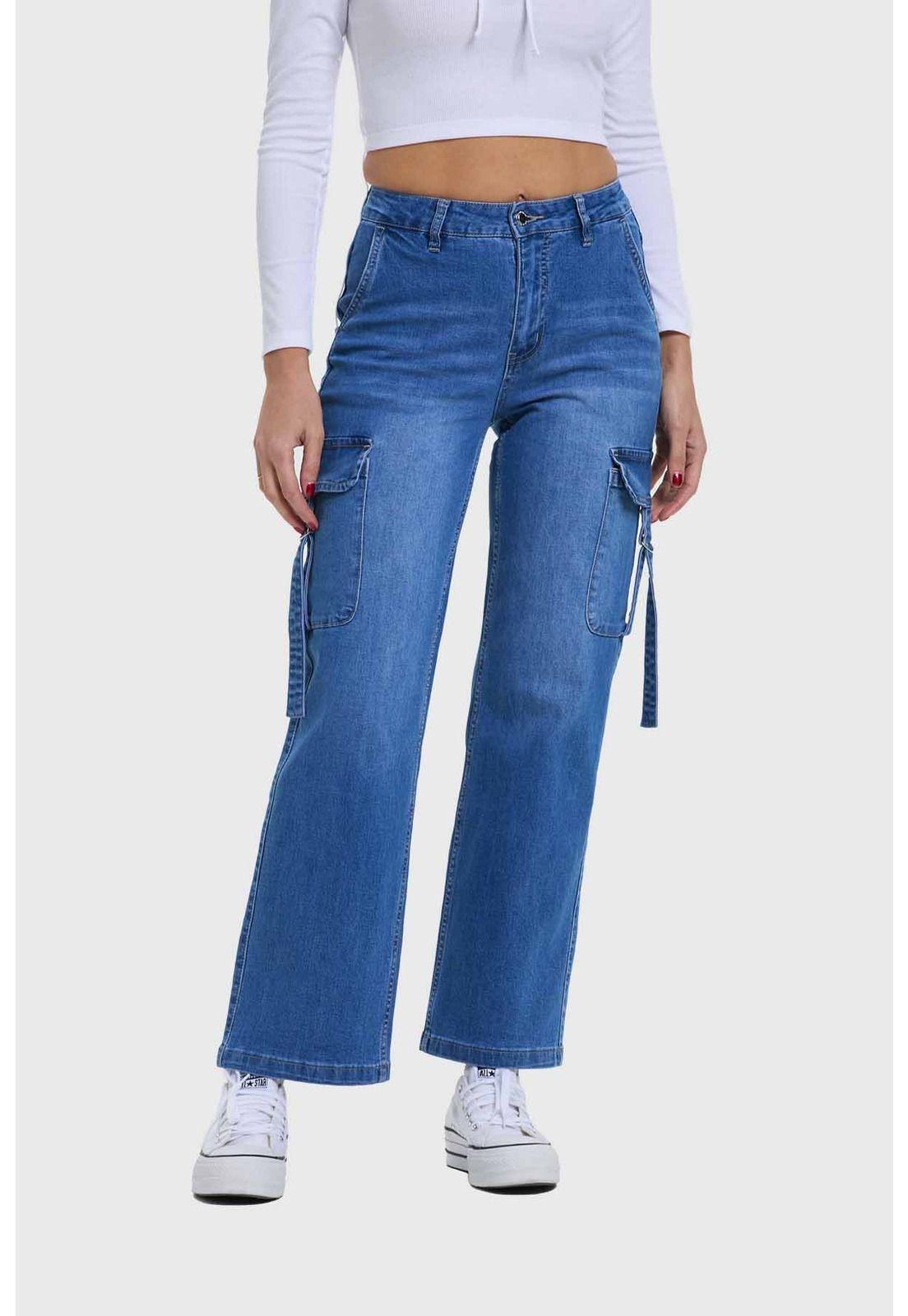 Jeans Mujer Recto Cargo Azul - lll-0