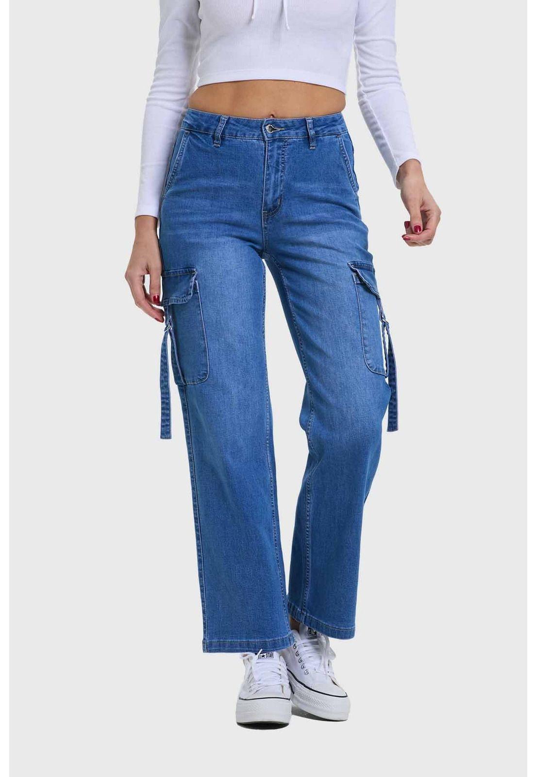 Jeans Mujer Recto Cargo Azul - lll-1
